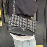 Chanel Black Tweed/Caviar Leather Houndstooth Double Flap Bag 2017