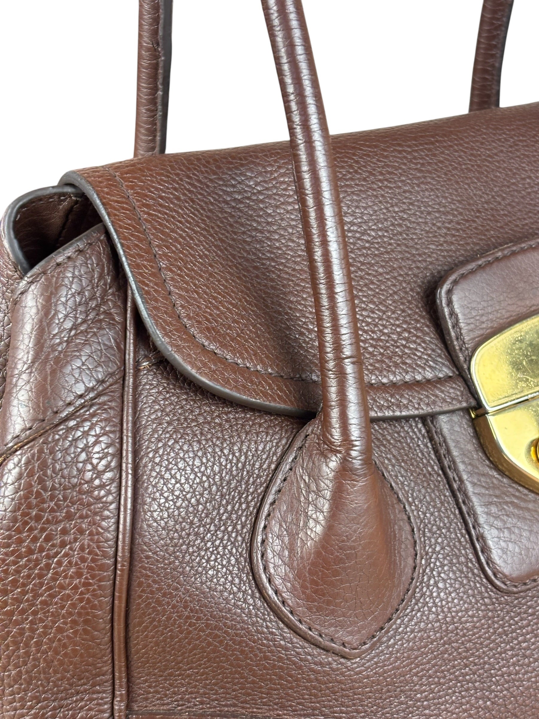 Prada Rich Brown Vitello Daino Sound Lock Satchel Shoulder Bag