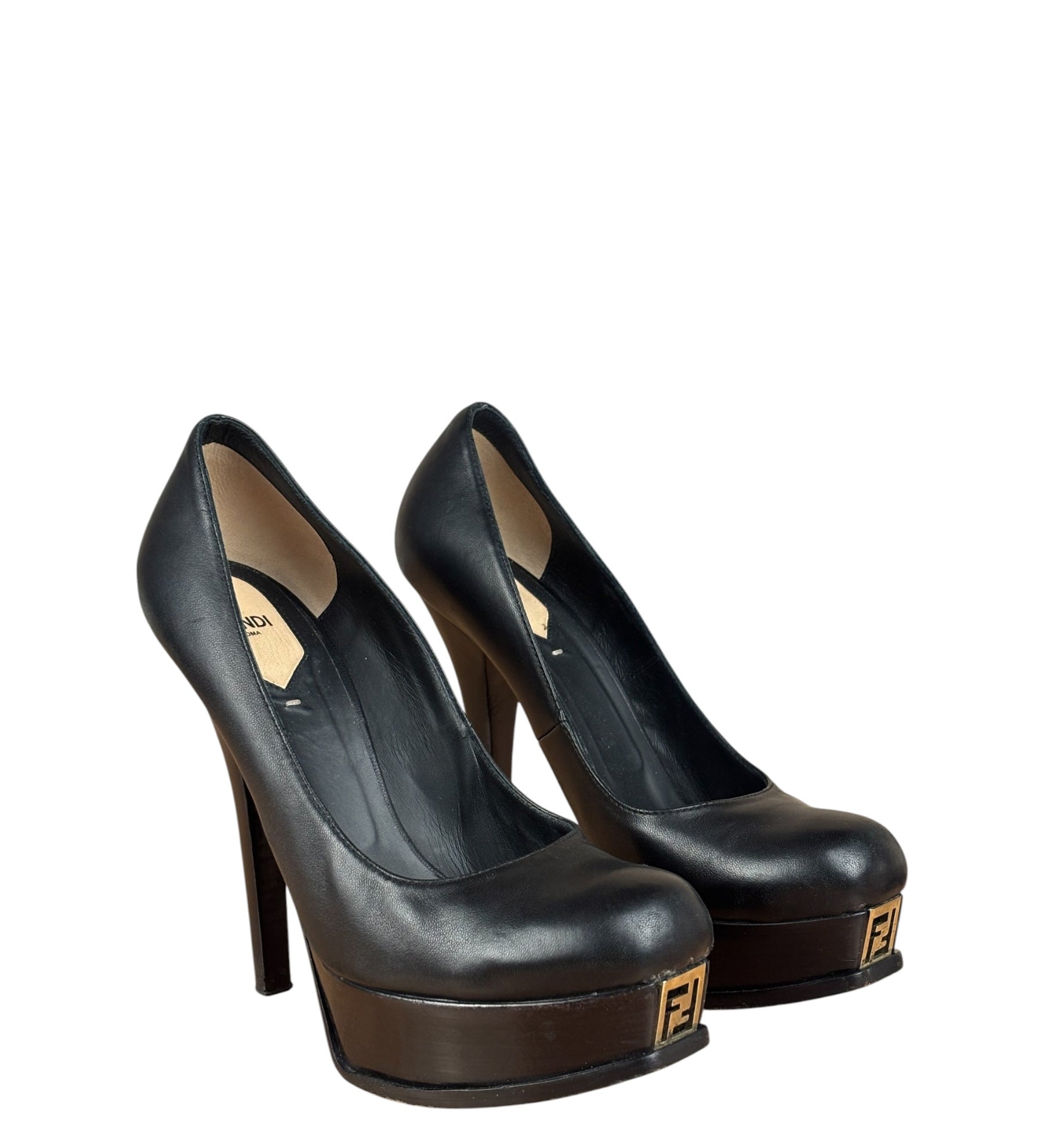 Fendi Black nappa Leather Platform Pumps Fendista Heels