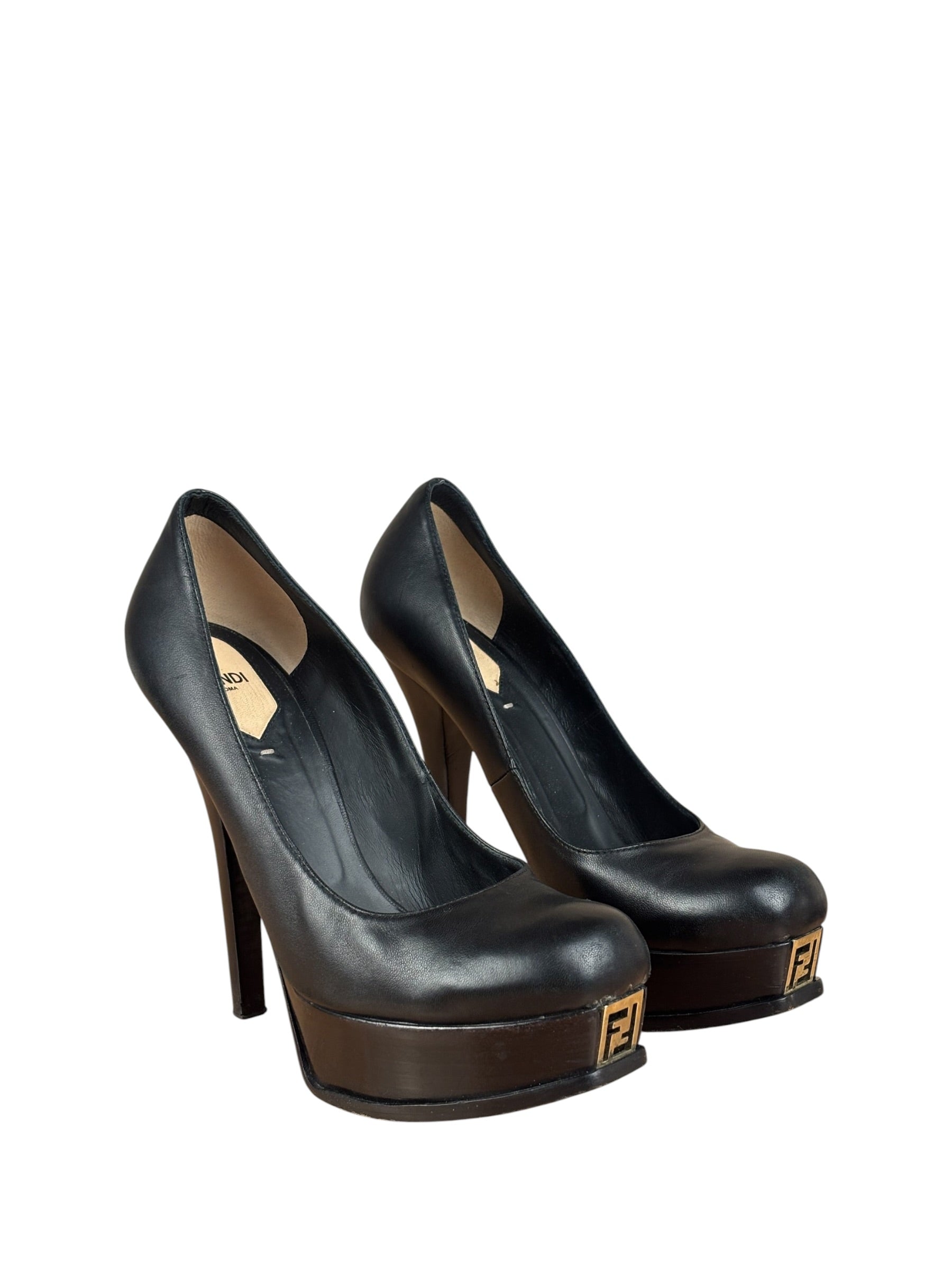 Fendi Black nappa Leather Platform Pumps Fendista Heels
