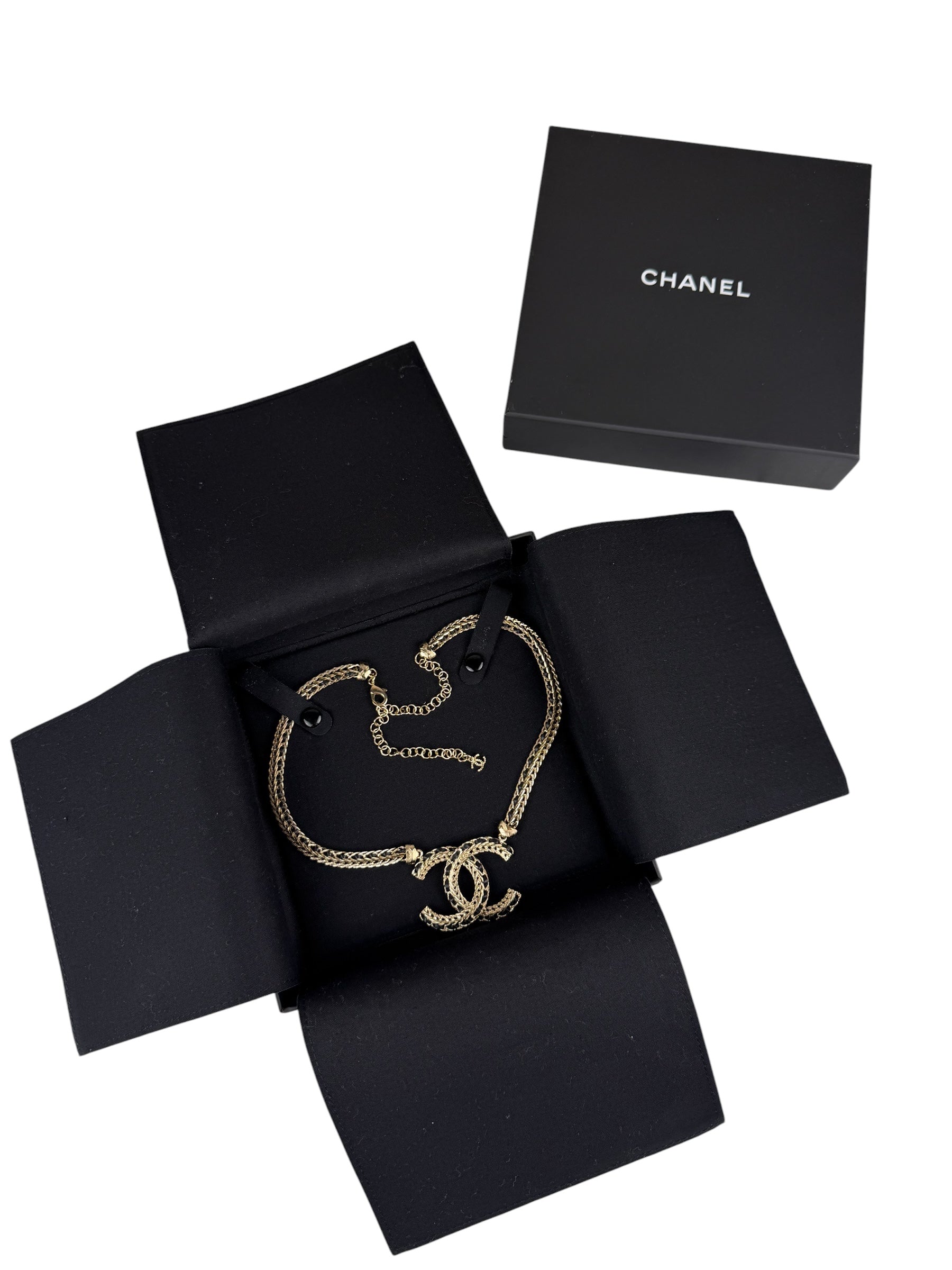 Chanel 22S Gold Metal/Black Leather Pendant Necklace