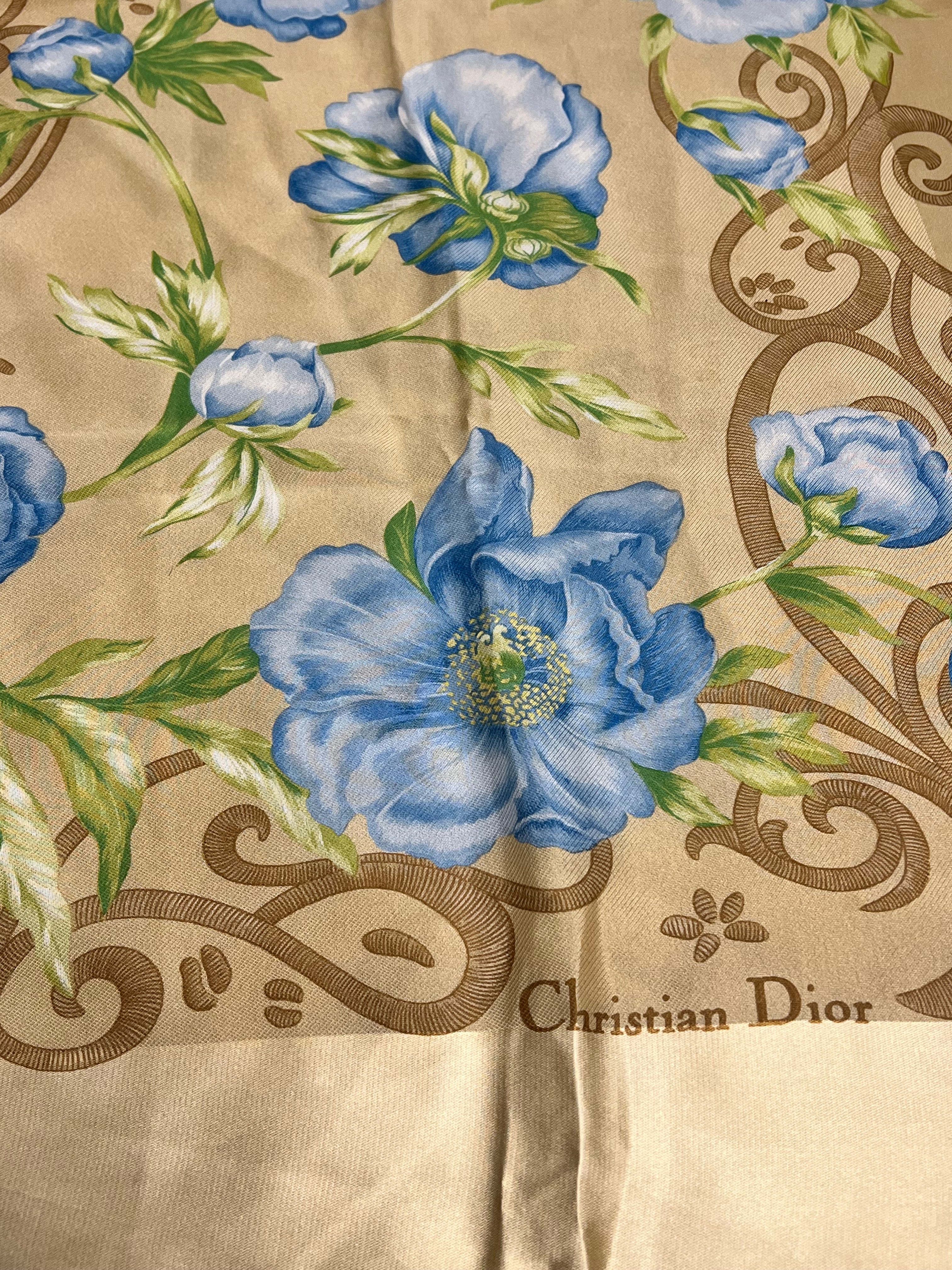 Christian Dior Beige/Blue Floral Silk Scarf