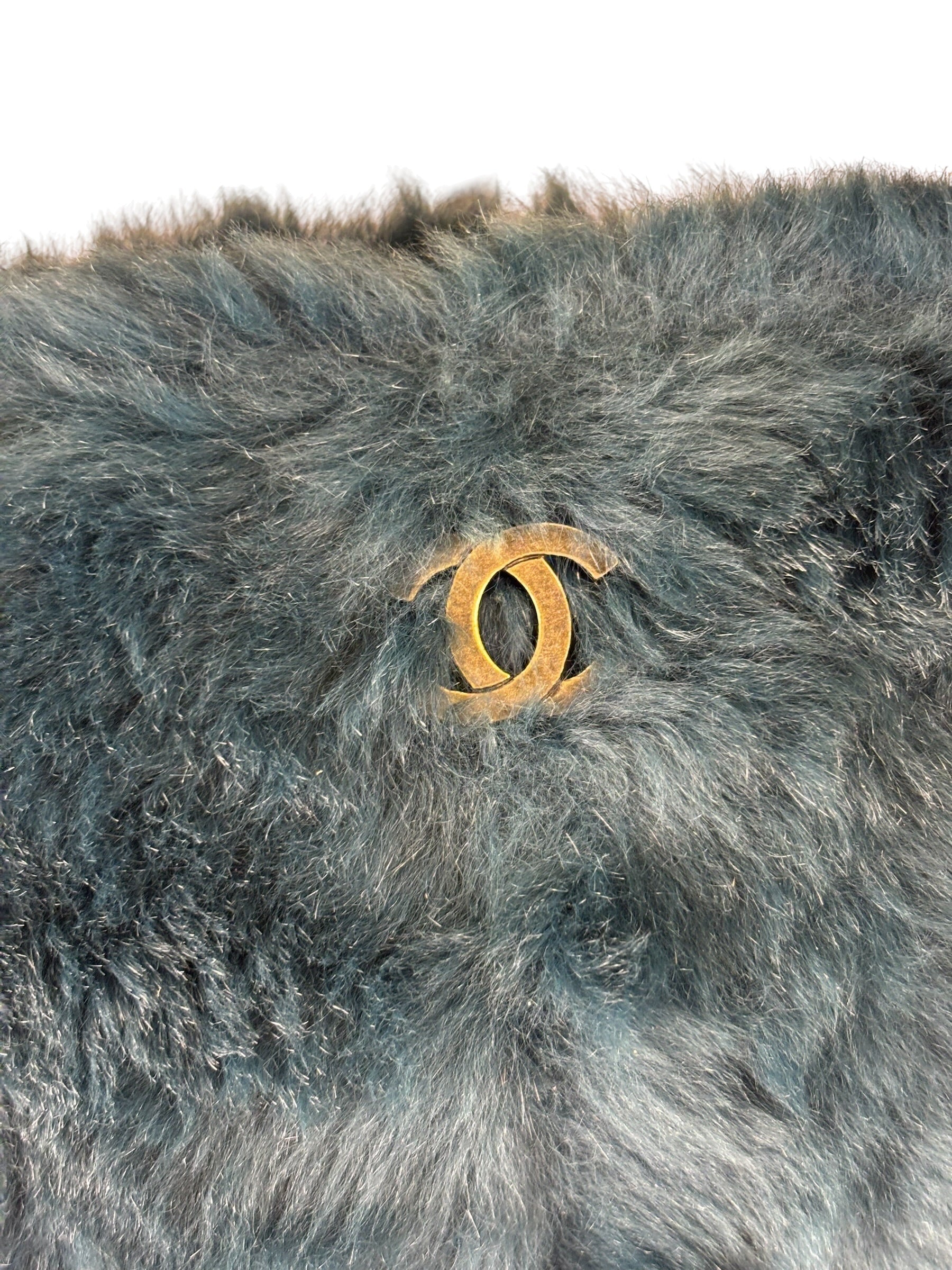 Chanel Dark Green Rabbit Fur/Leather Trim Shoulder Bag 2000