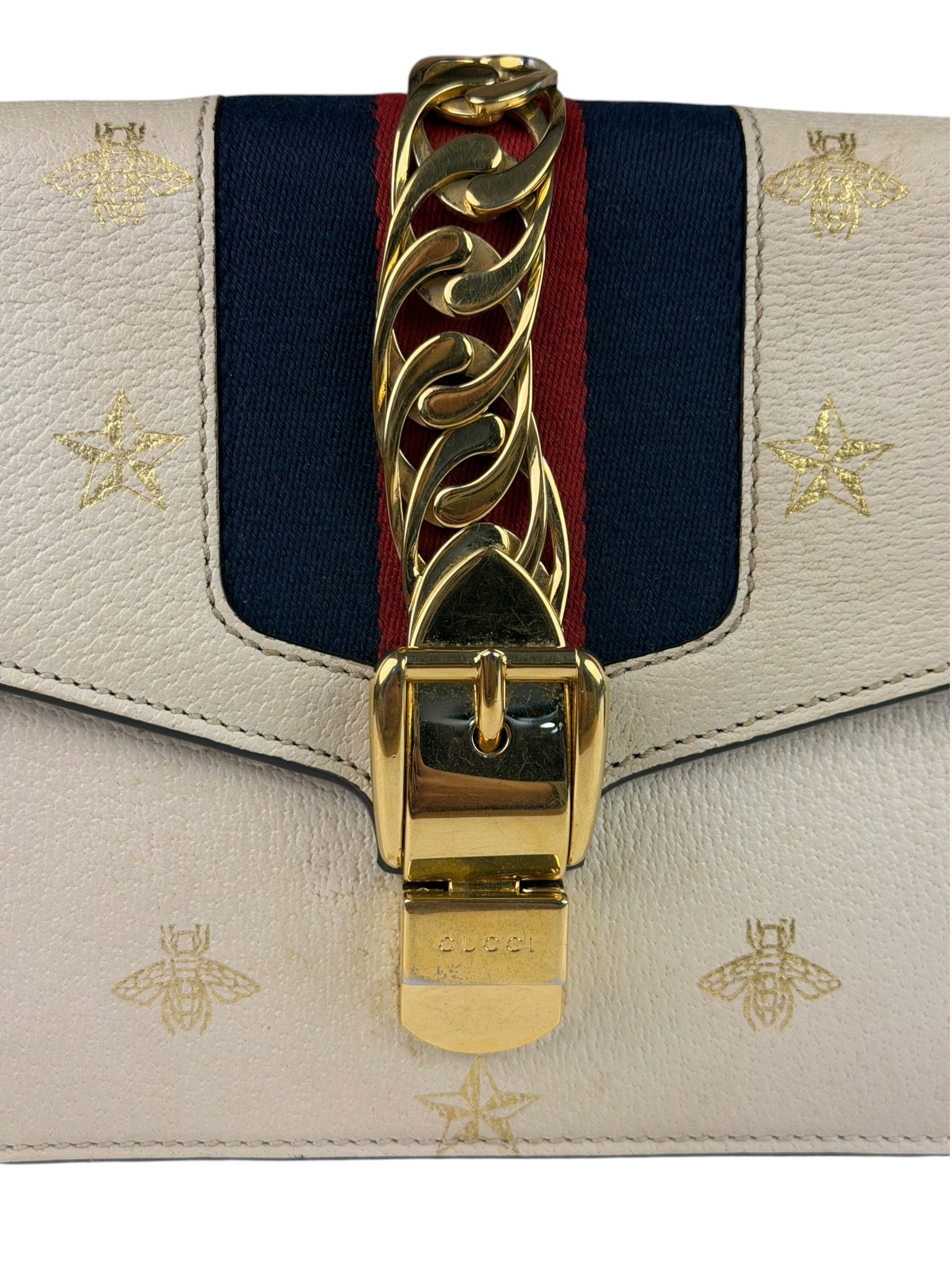 Gucci Textured Calfskin Bee Star Sylvie Shoulder Bag White