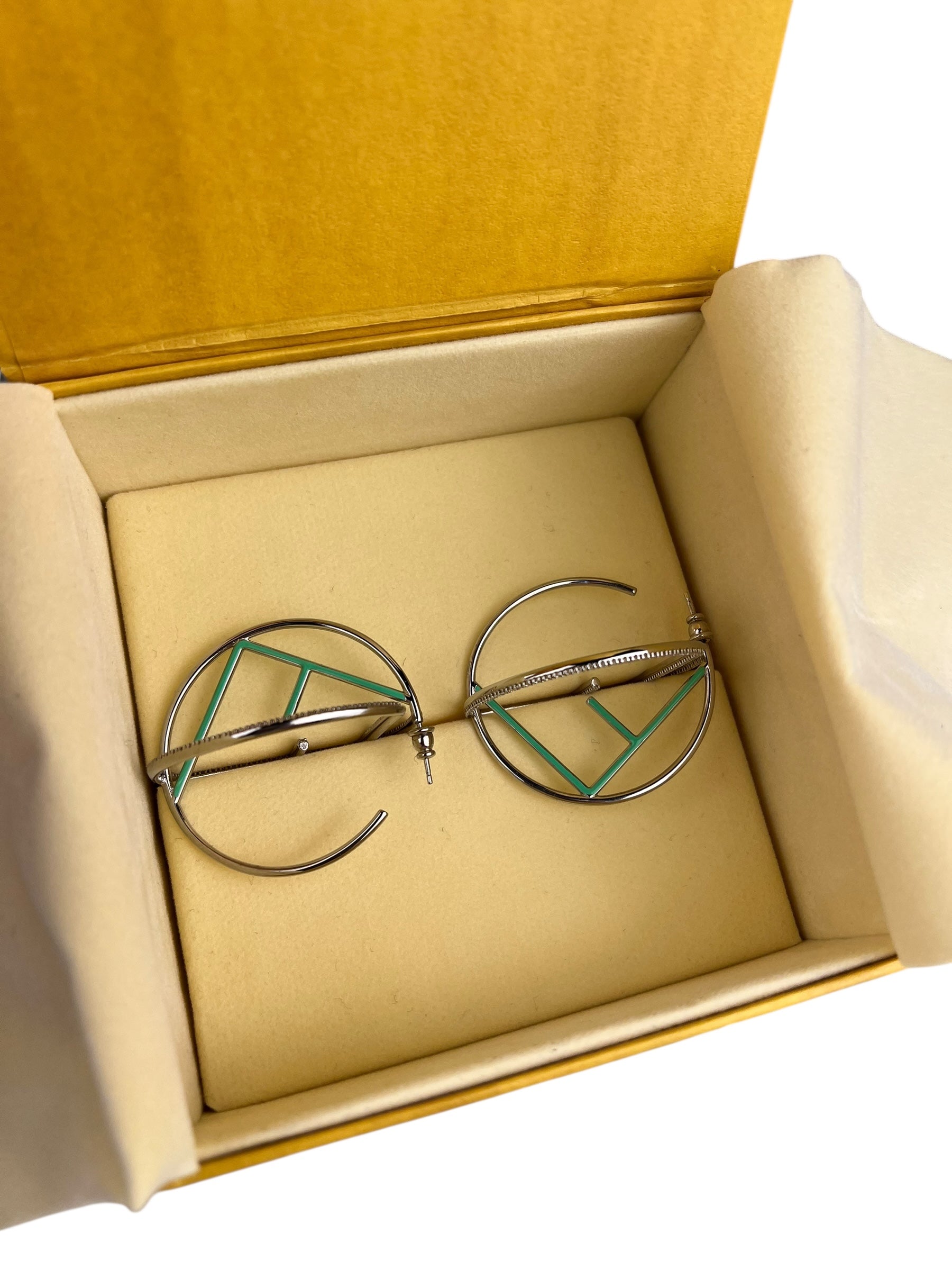 Fendi FF Silver/Teal Logo Hoop Earrings