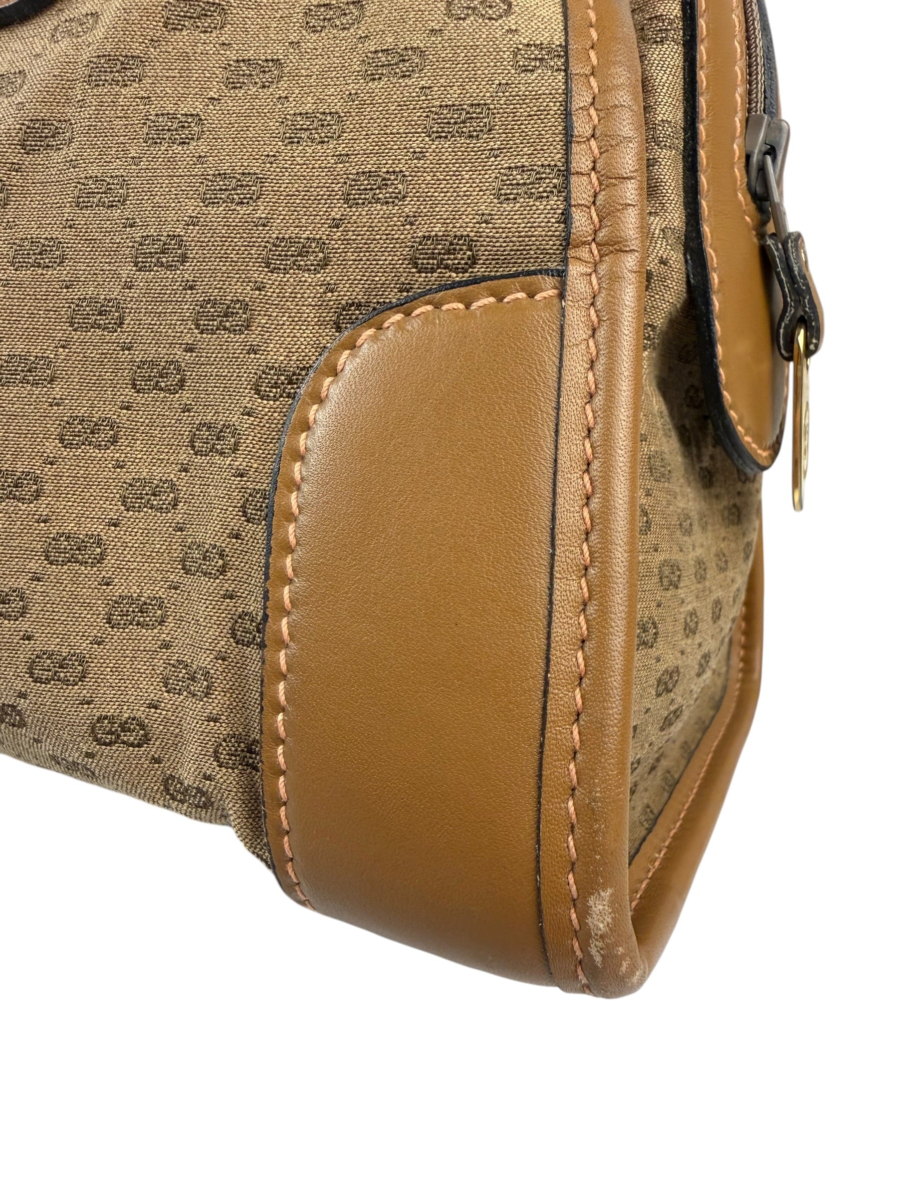 Gucci Brown Leather Trim Micro GG Sherry Line Boston Handbag