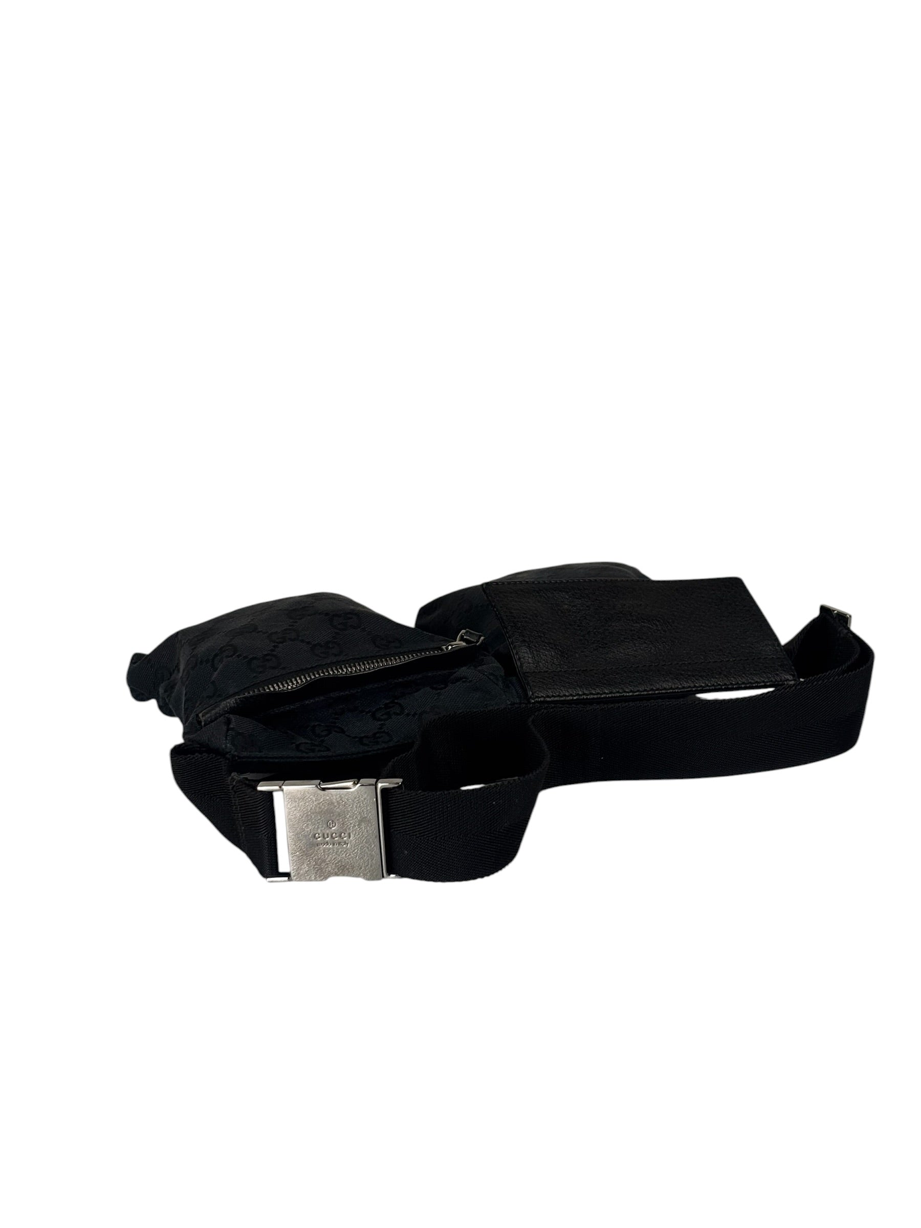 Gucci Black Leather Trim GG Double Pocket Bel Bag