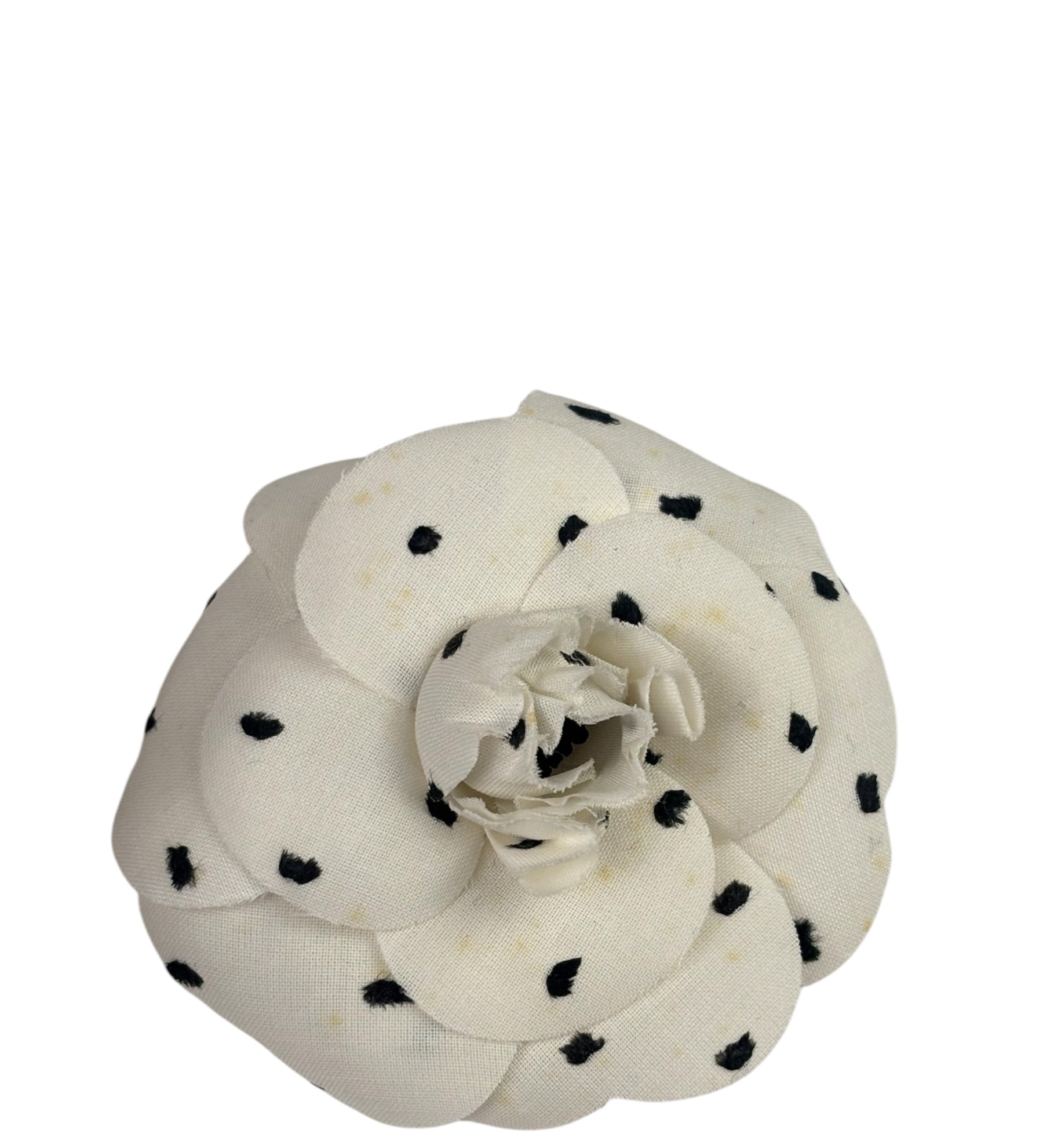 Chanel White Silk Polka Dots Camellia Flower Brooch