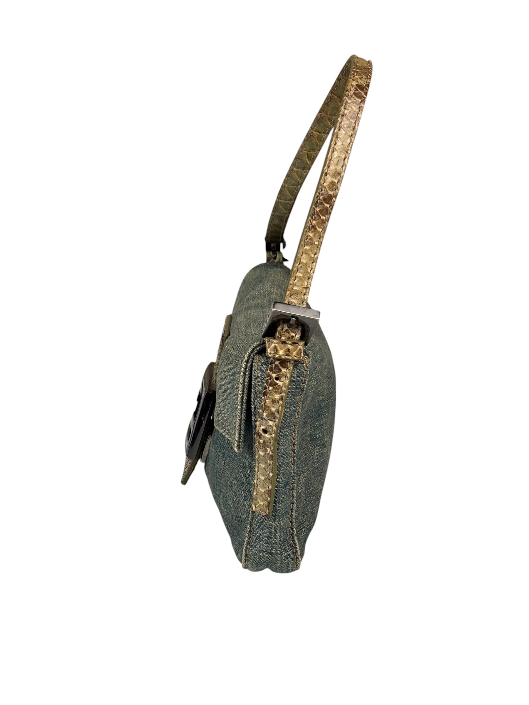 Fendi Denim/Snakeskin Trim Mini Baguette