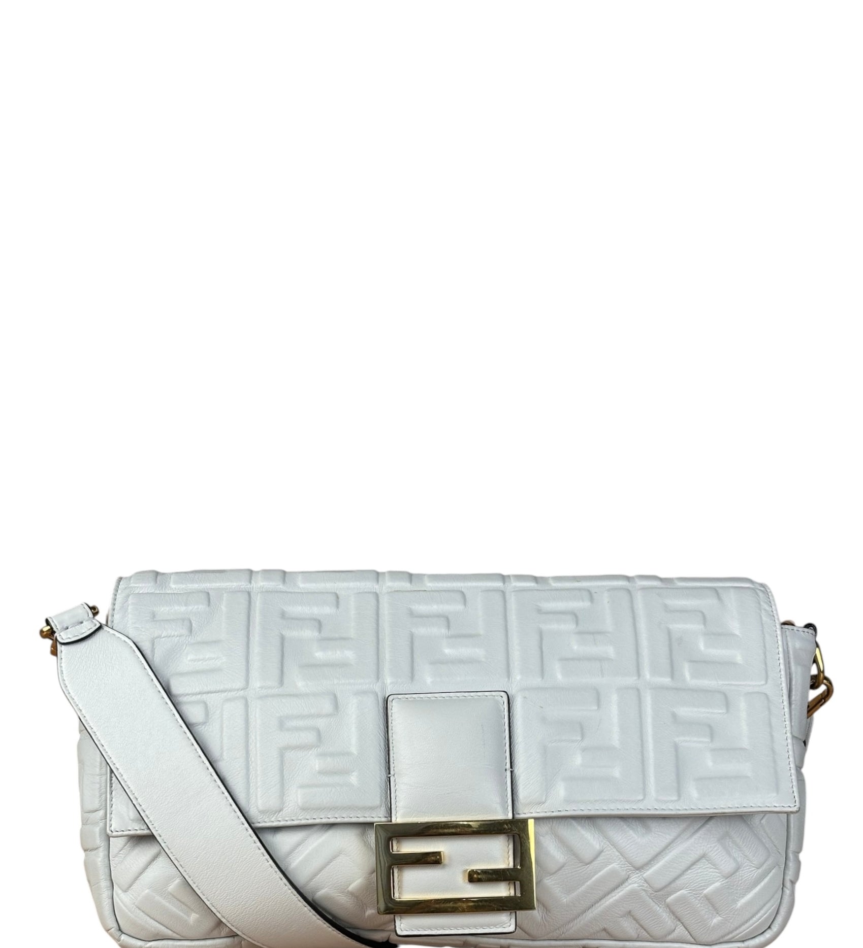 Fendi Large Zucca Embossed Leather Baguette White