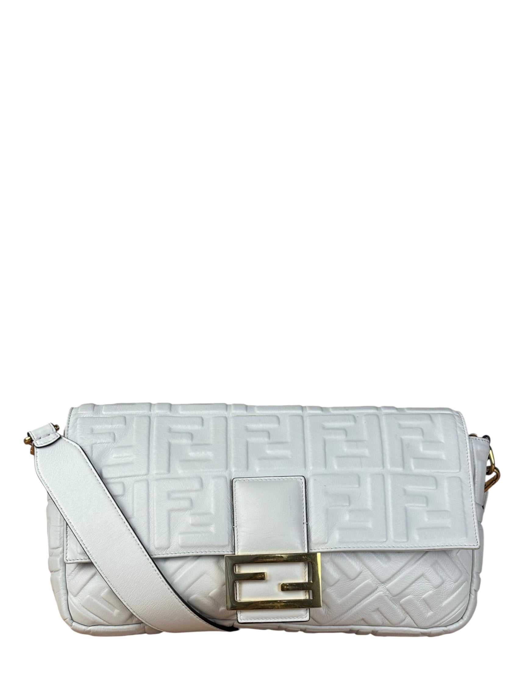 Fendi Large Zucca Embossed Leather Baguette White