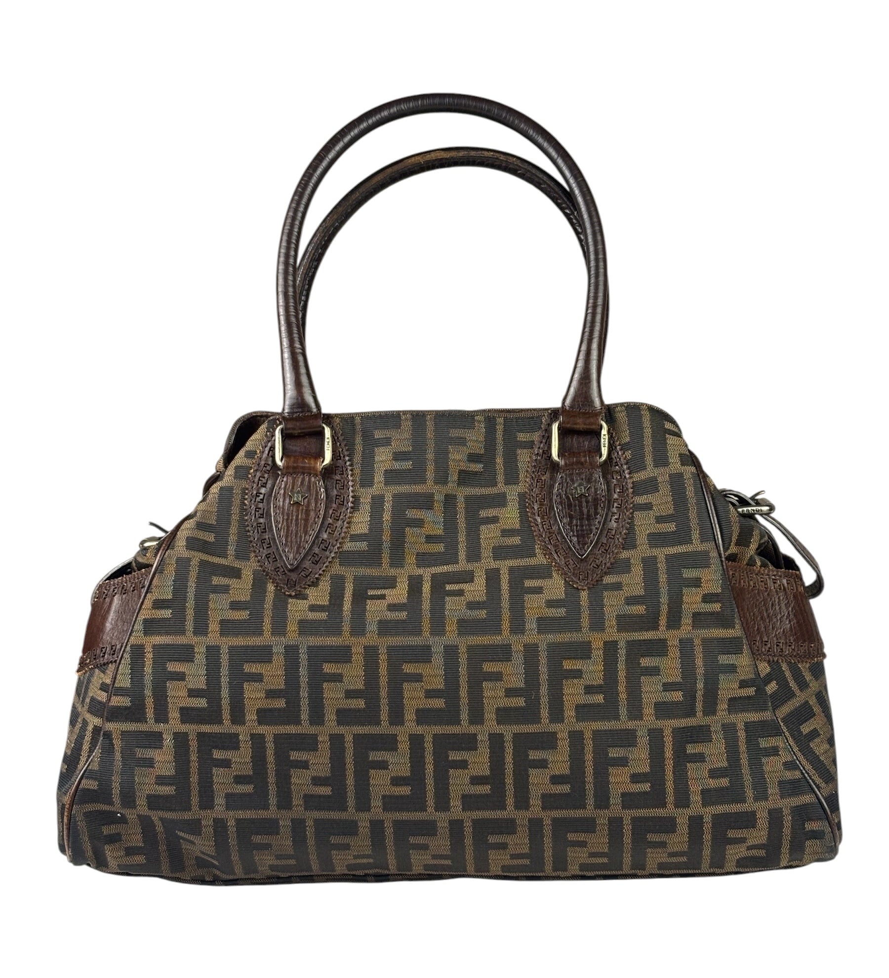 Fendi Vintage Brown Leather Trim Zucca De Jour Media Tote