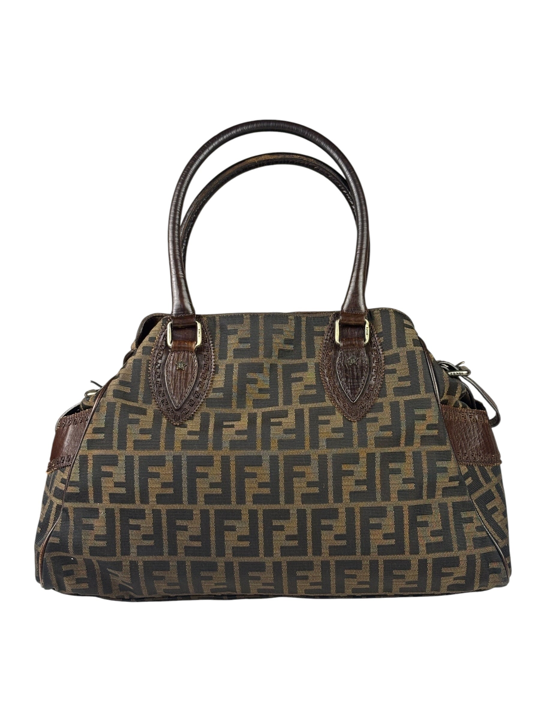 Fendi Vintage Brown Leather Trim Zucca De Jour Media Tote