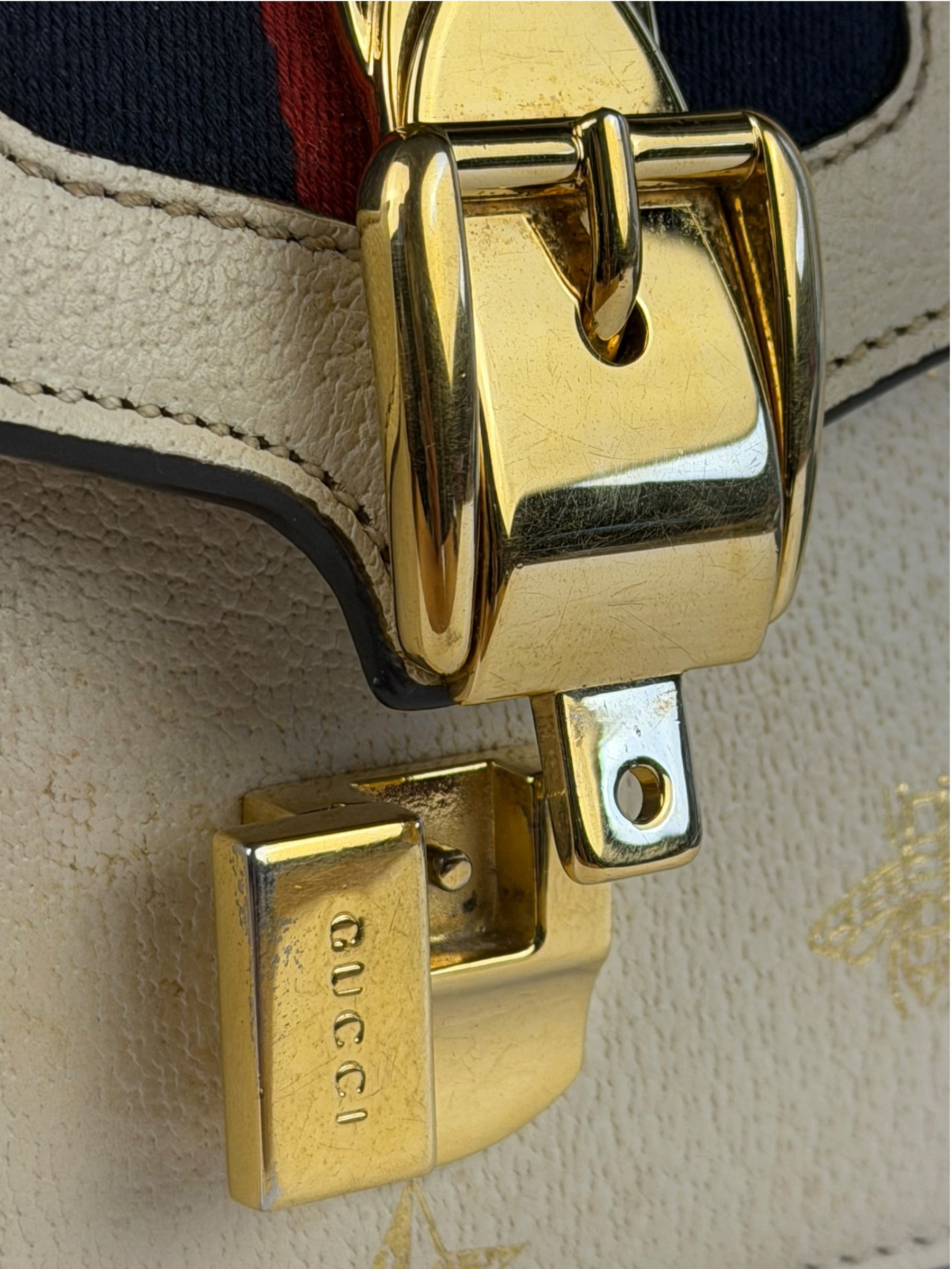 Gucci Textured Calfskin Bee Star Sylvie Shoulder Bag White