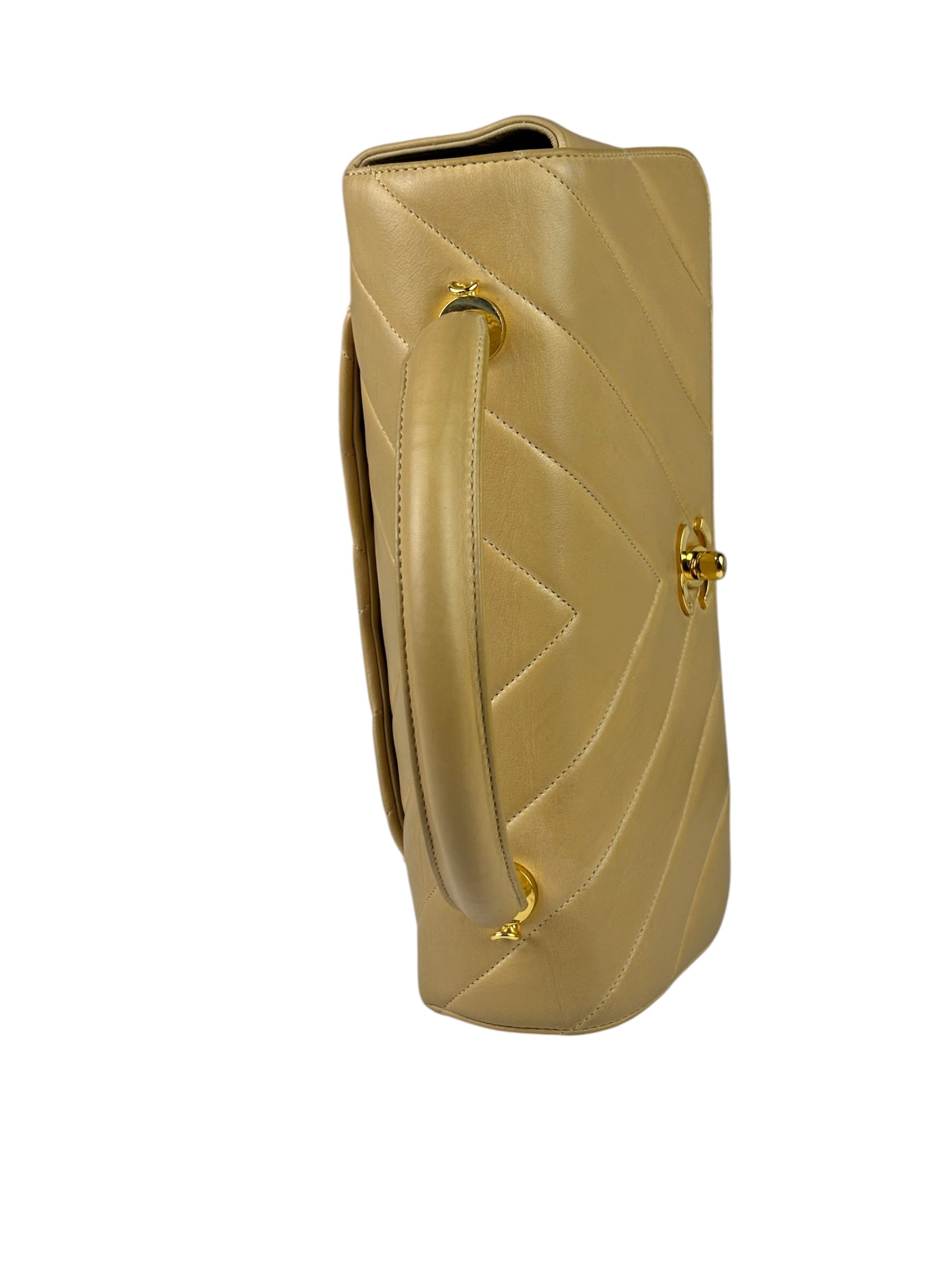 Chanel Vintage Beige Lambskin Chevron Coco Handle Flap Two-Way Bag 1991