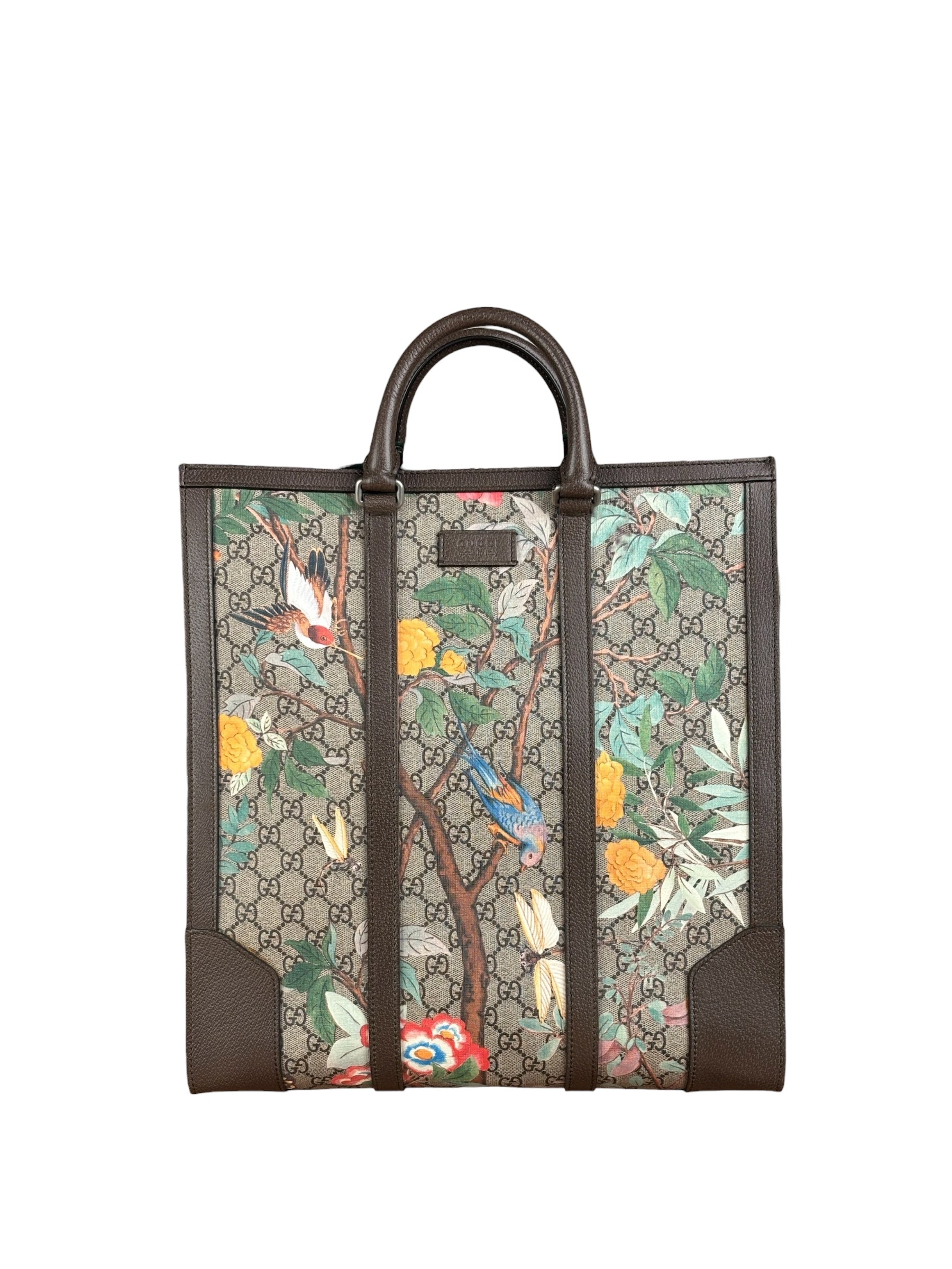 Gucci Brown Leather Trim GG Supreme Tian Vertical Tote Bag