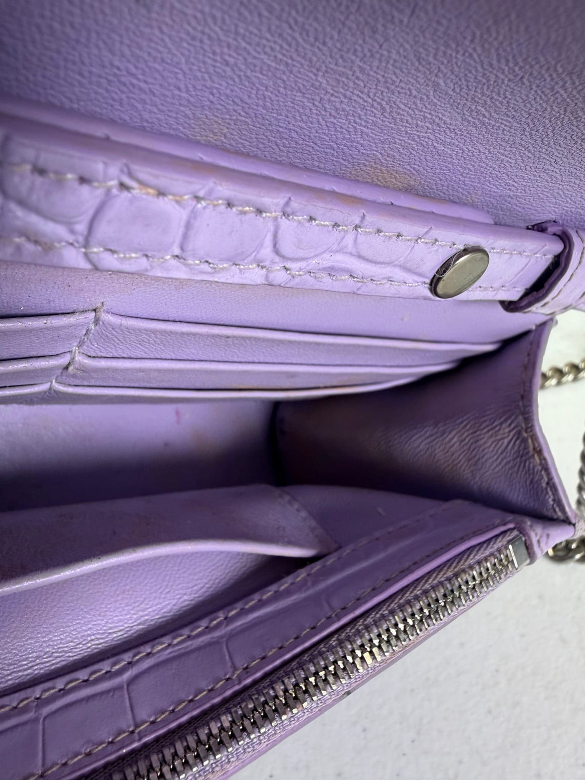 Balenciaga Purple Crocodile Embossed Leather Hourglass Wallet On Chain