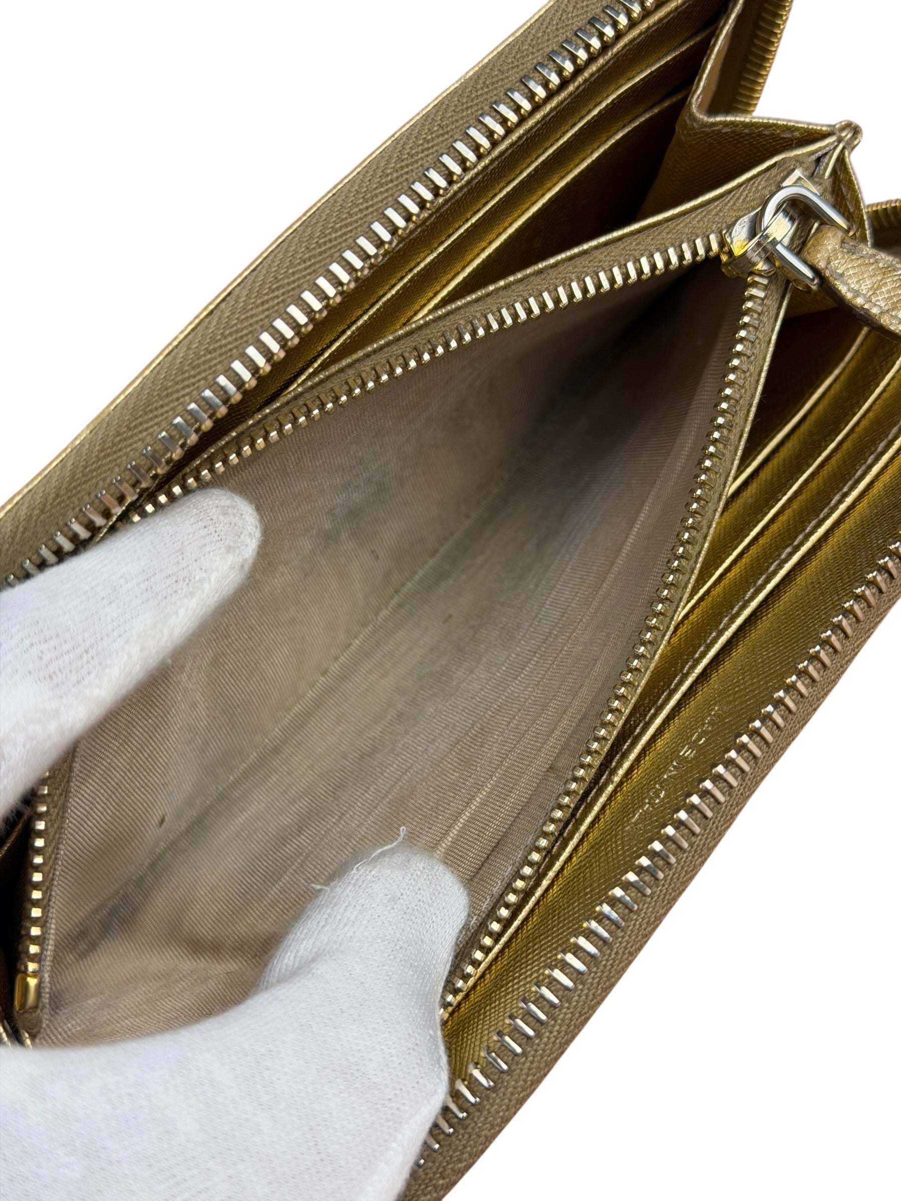 Prada Metallic Gold Saffiano Leather Zip-Around Wallet