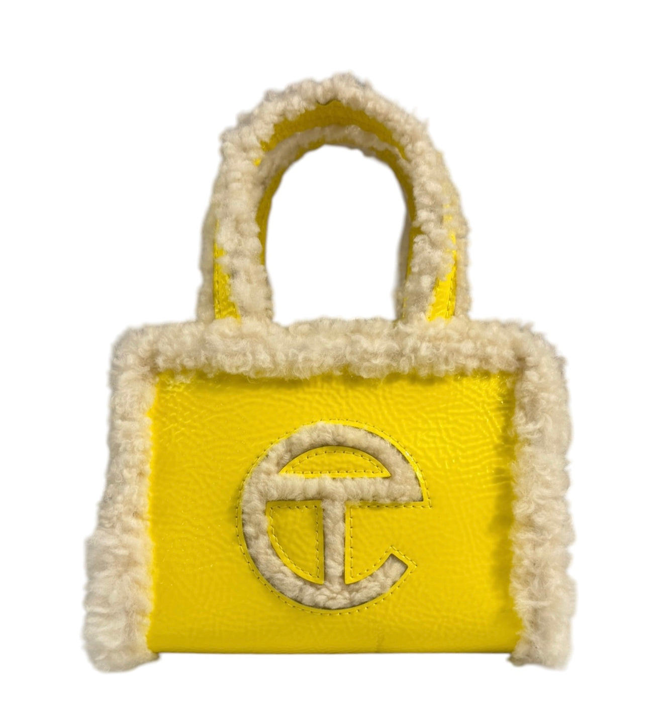 UGG x Telfar Yellow Patent Leather Fur Trim Small Shopper Crinkle In Taxi Tote