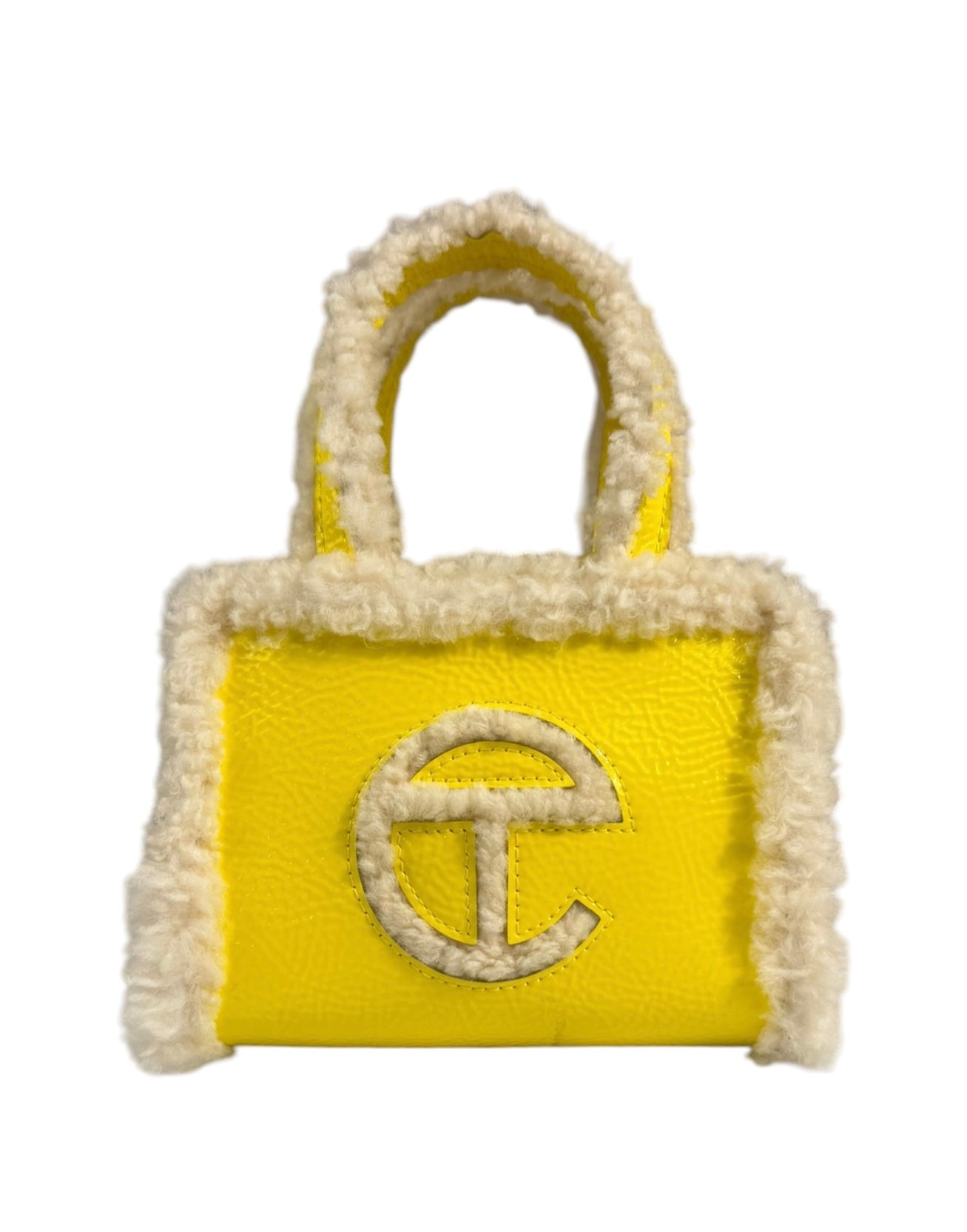UGG x Telfar Yellow Patent Leather Fur Trim Small Shopper Crinkle In Taxi Tote