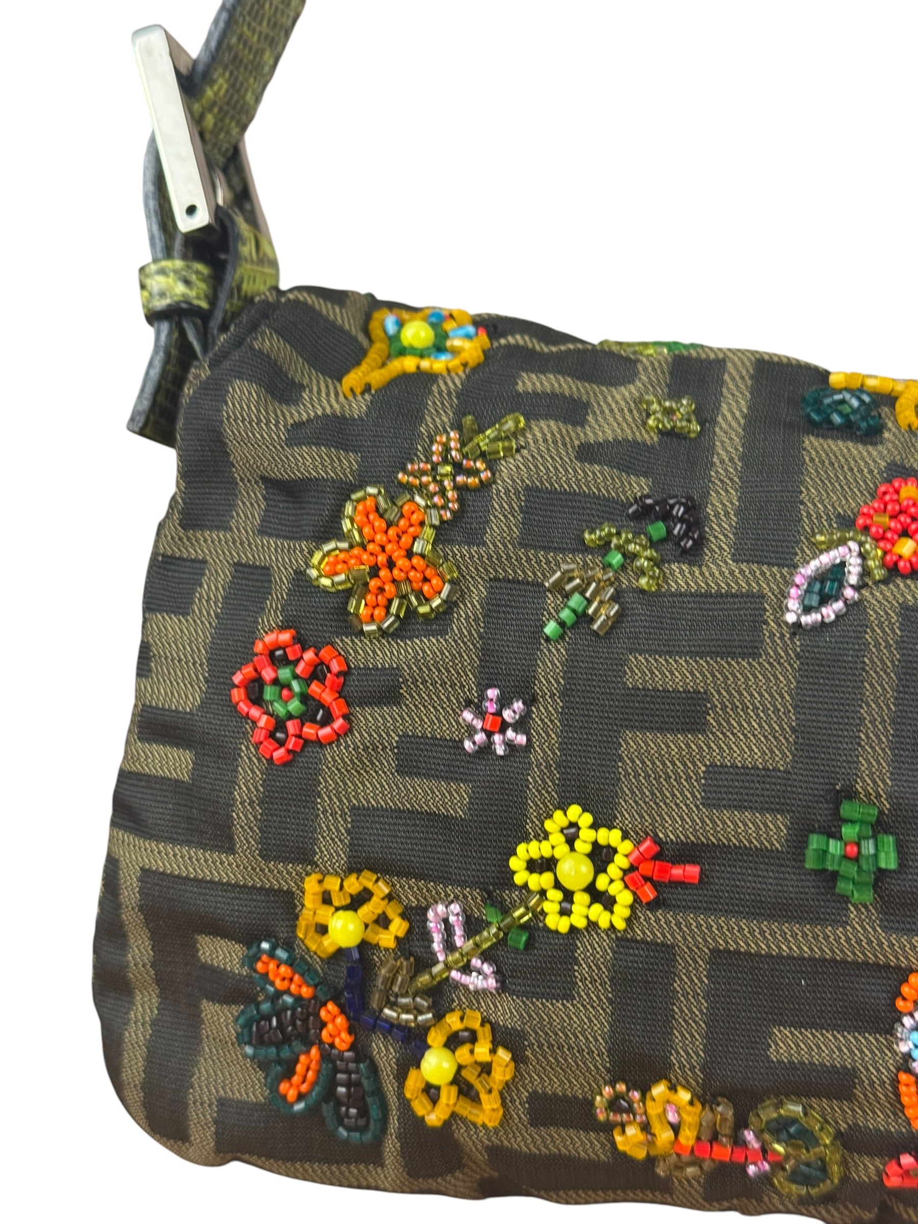 Fendi Vintage Zucca Beaded Lizard Trimmed Baguette