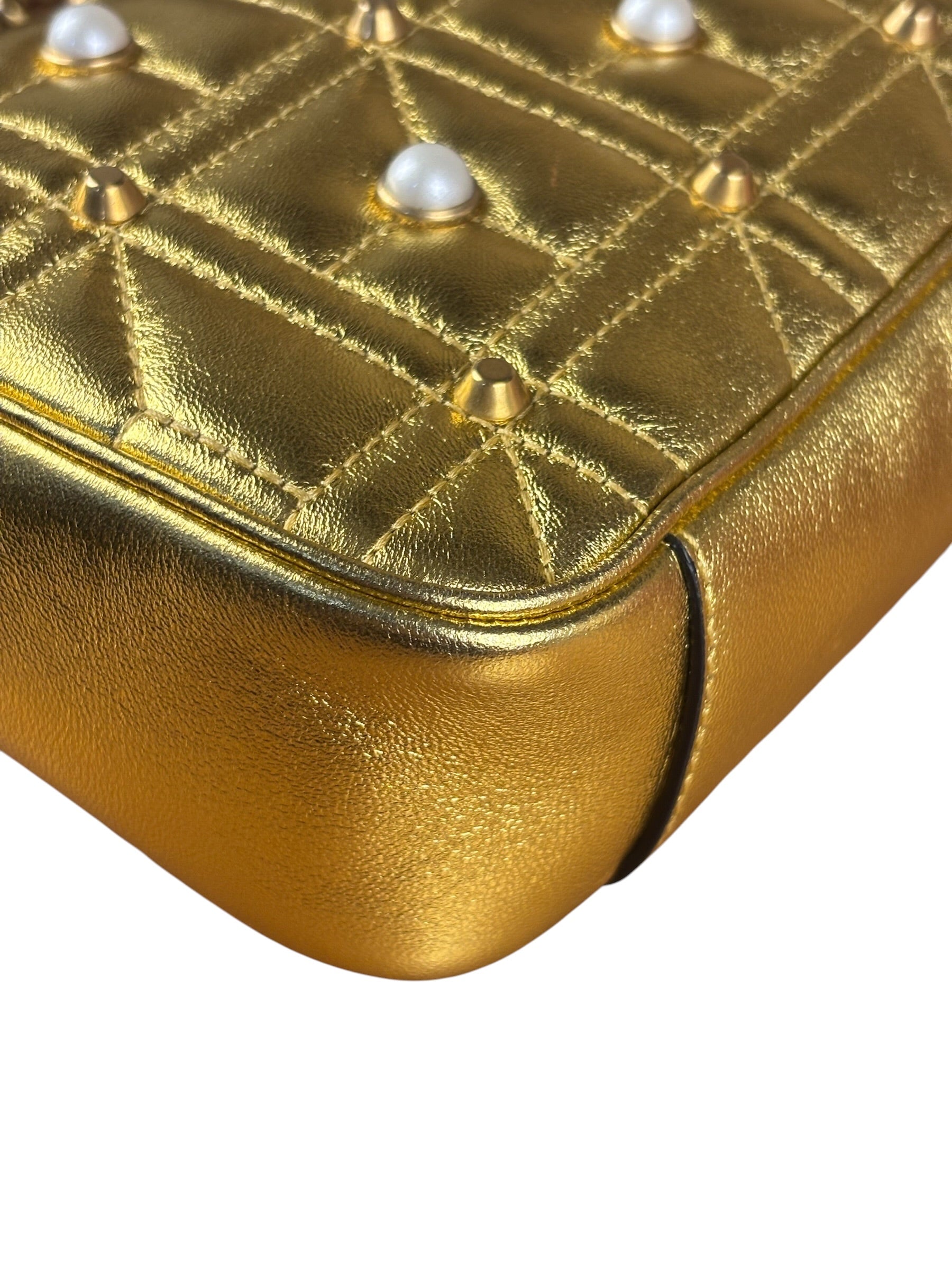 Gucci Gold GG Marmont Pearl Studded Mini Flap Bag