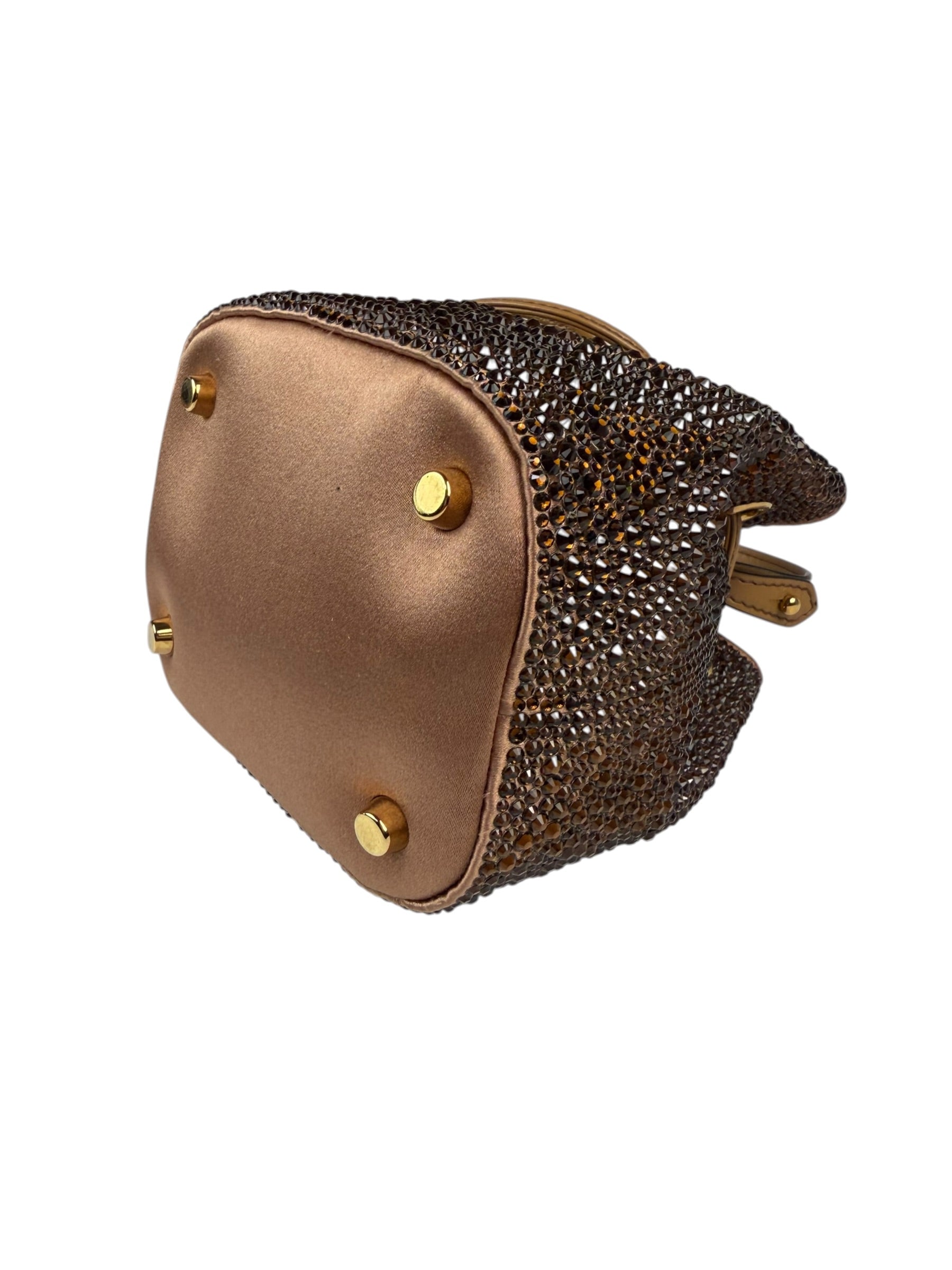Versace La Medusa Brown Satin Crystal Embellished Mini Bucket Bag