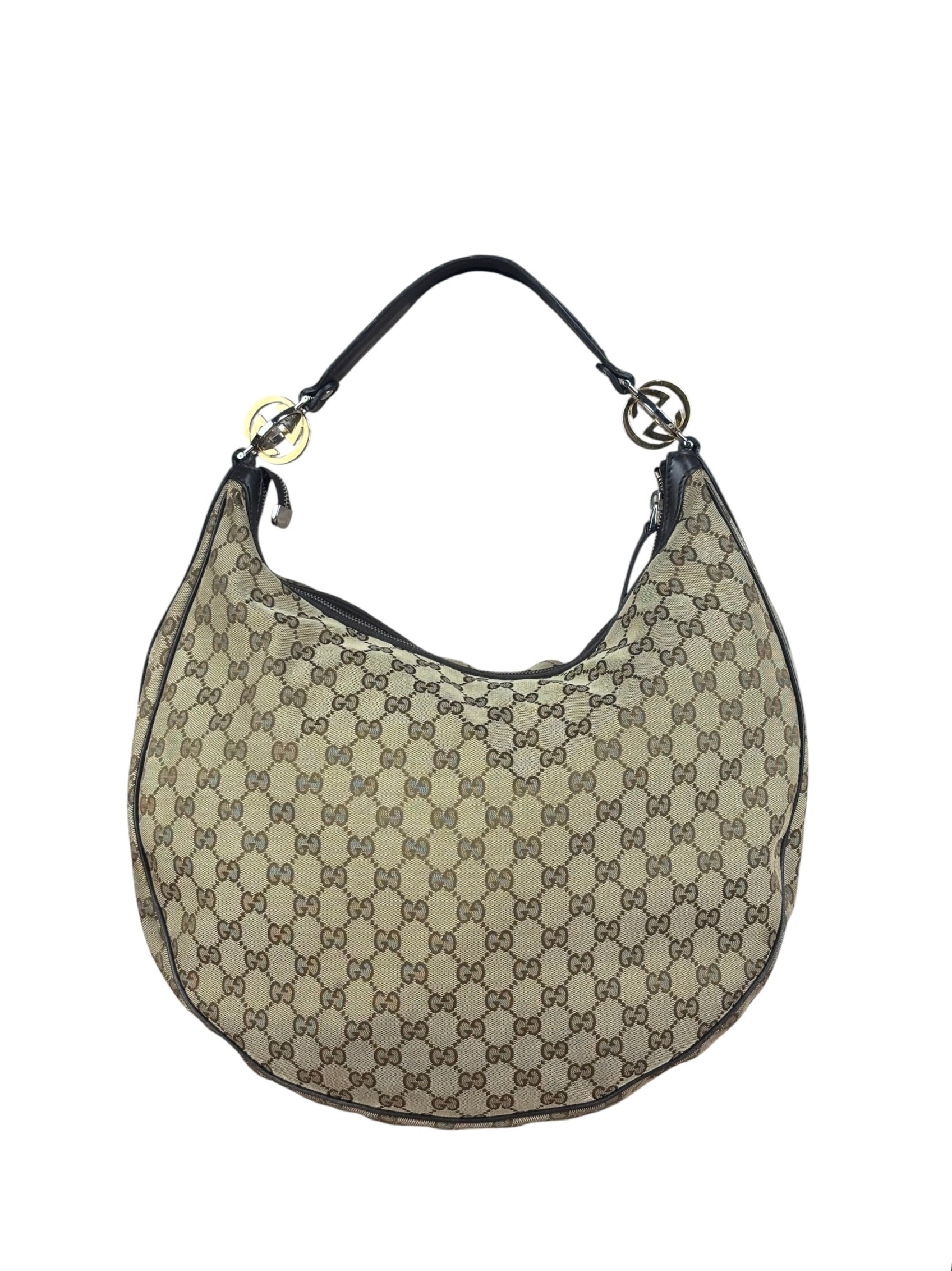 Gucci Vintage Dark Brown Leather Trim GG Canvas Twin Hobo Bag
