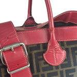 Fendi Beige/Red Leather Trim Zucca Buckle Tote