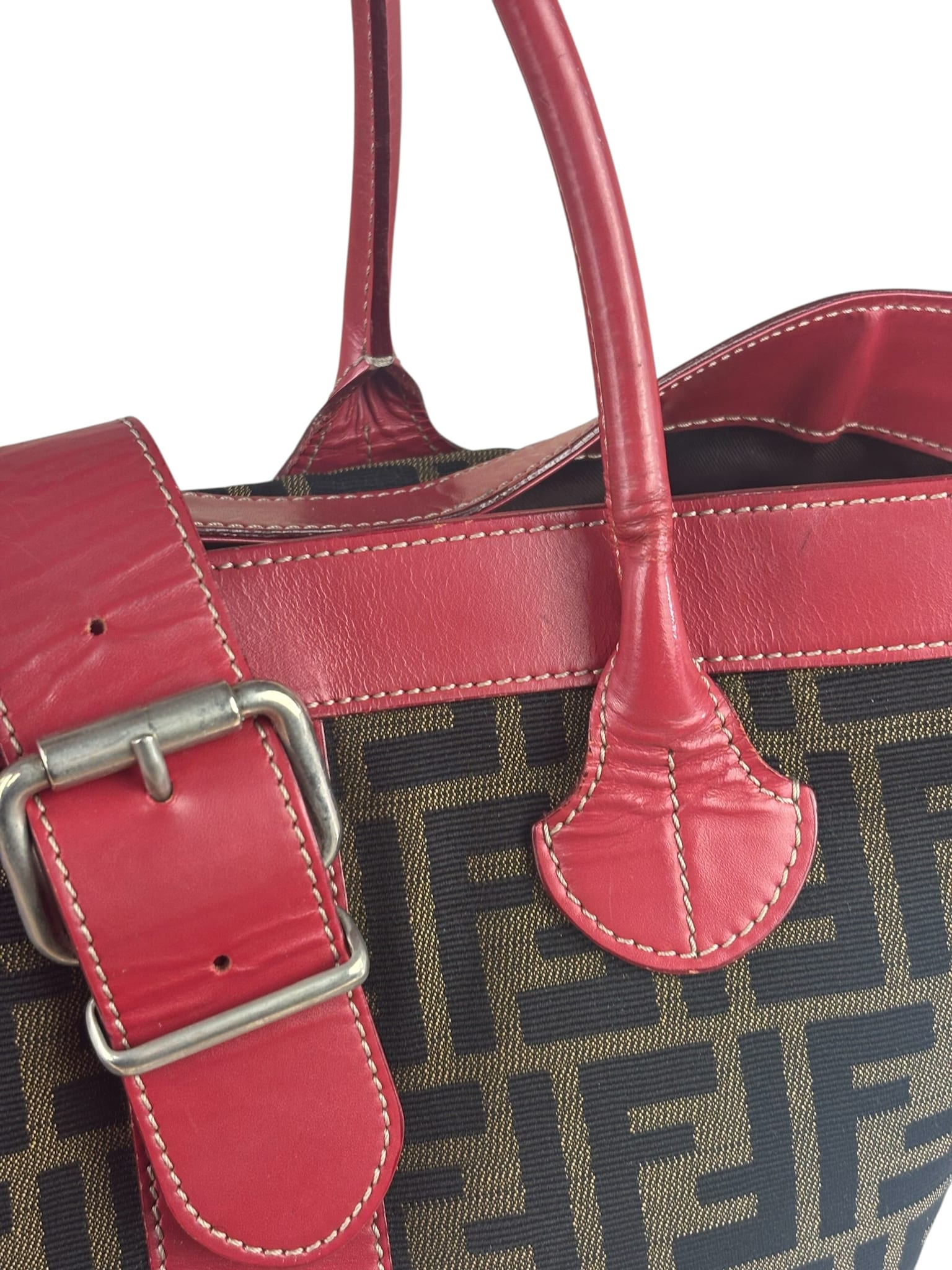 Fendi Beige/Red Leather Trim Zucca Buckle Tote