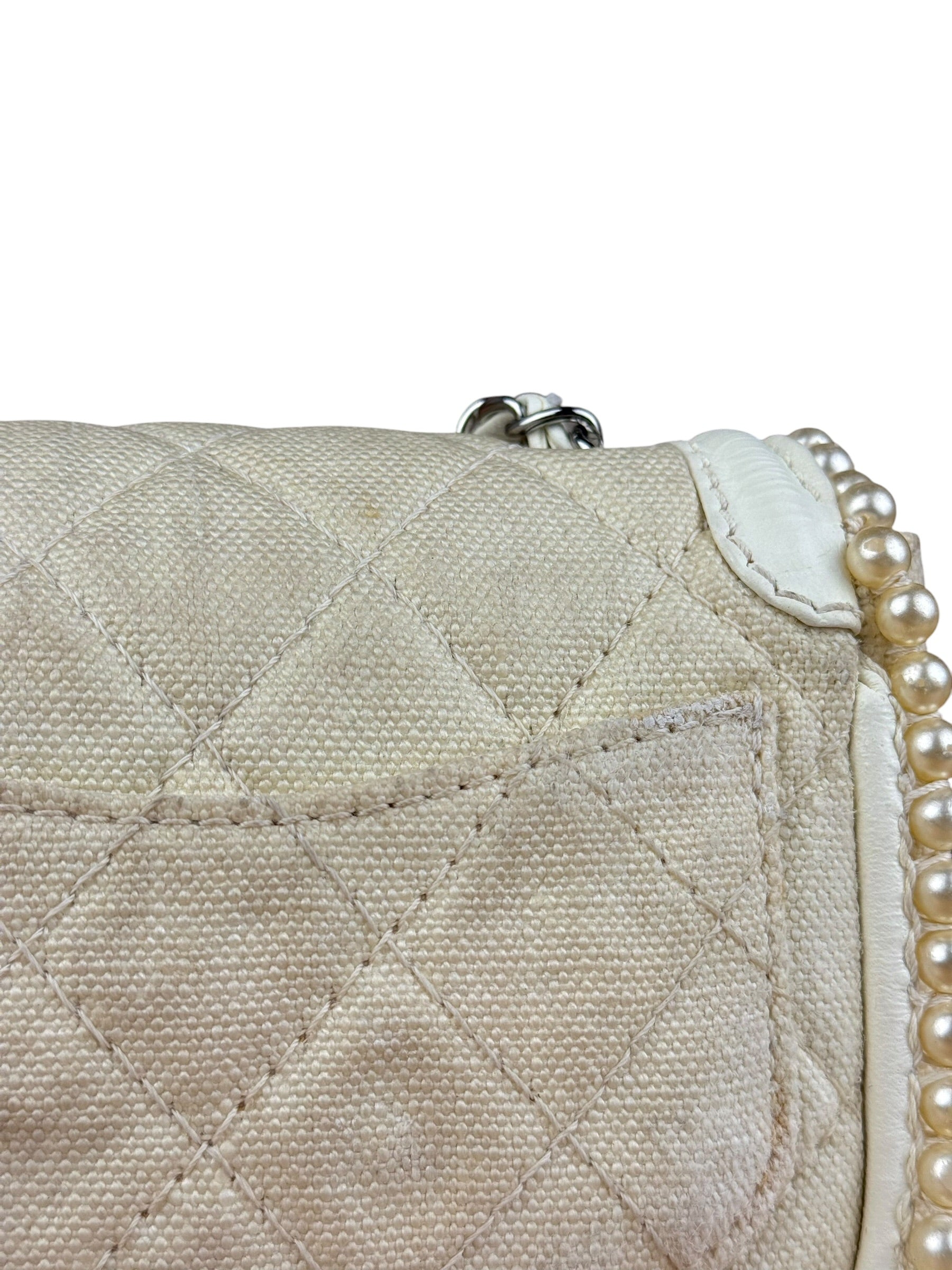 Chanel White Leather/Canvas Pearl Crossbody Flap 2003