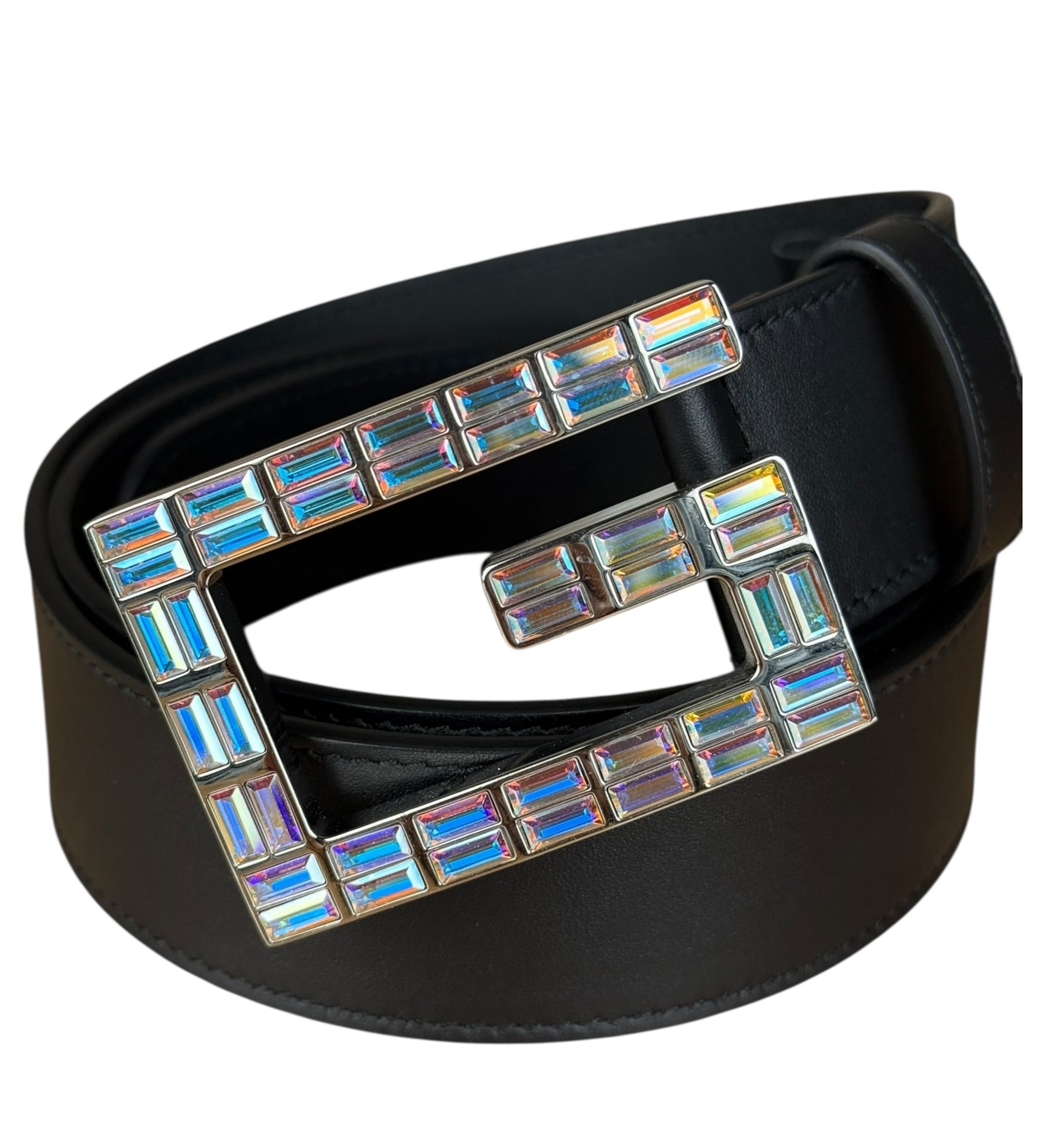 Gucci Black Leather Crystal Logo Belt