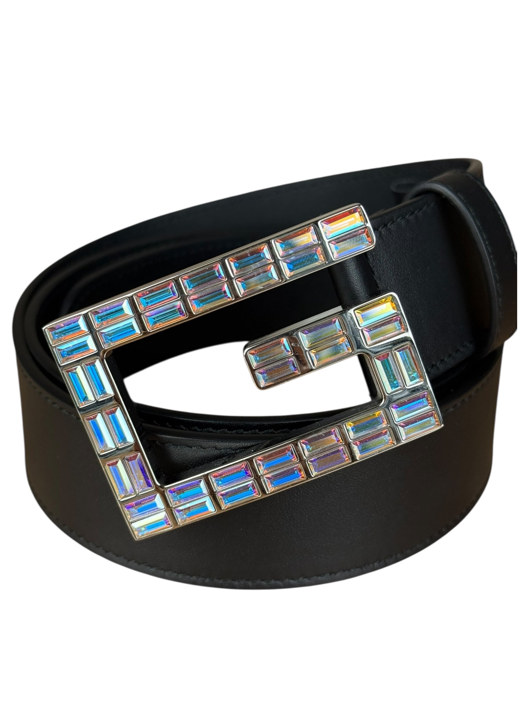 Gucci Black Leather Crystal Logo Belt