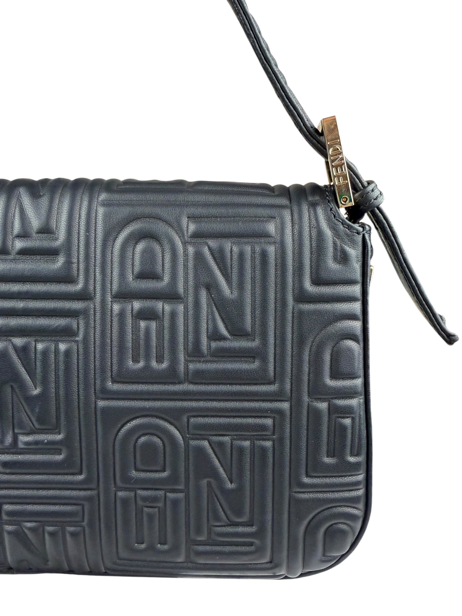 Fendi Black Leather 3D Logo Embossed Baguette