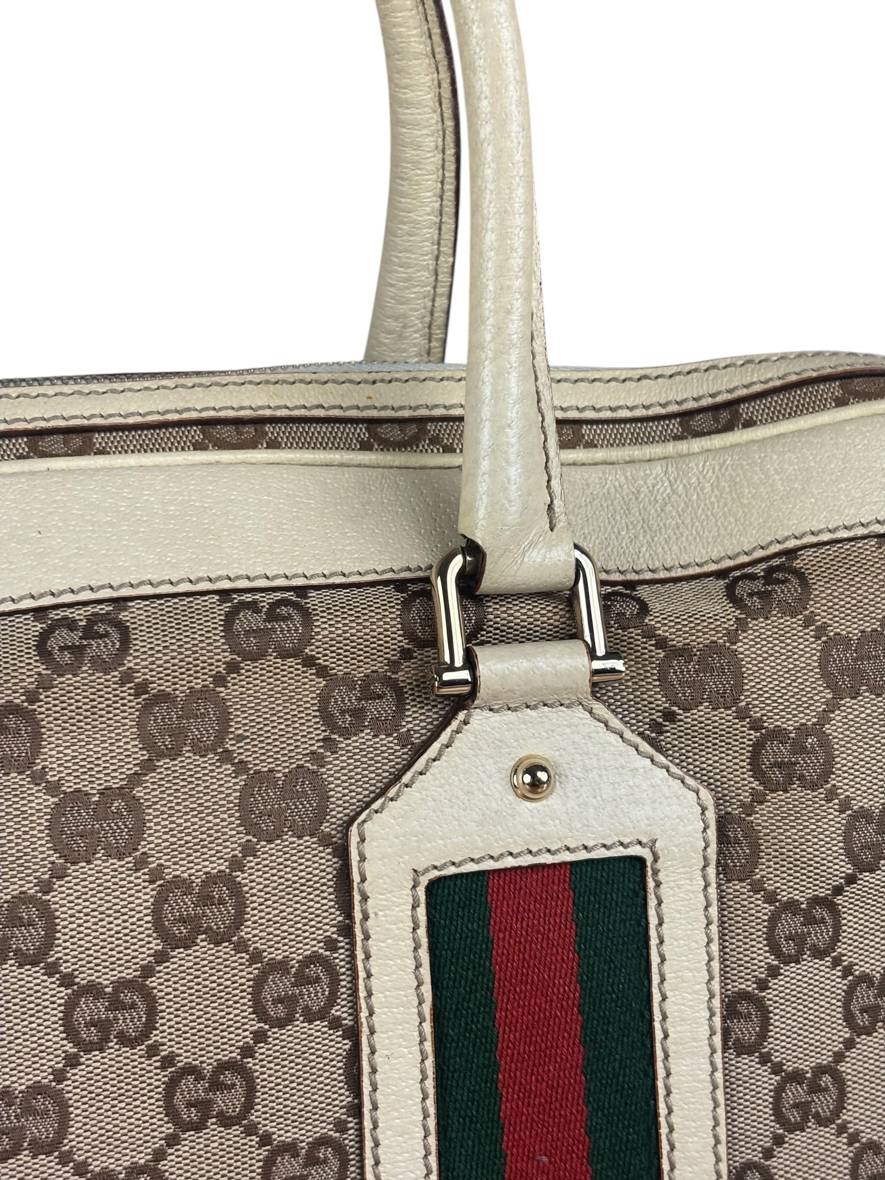 Gucci Leather Trim Monogram Canvas Web Stripe Tote Bag