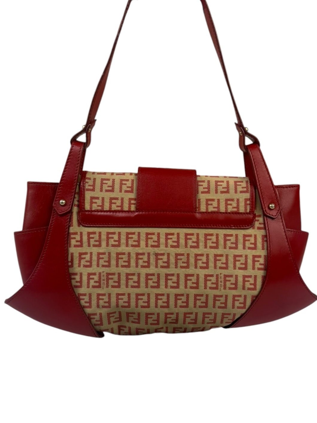Fendi Red Leather Trim Zucca Compliation Shoulder Bag
