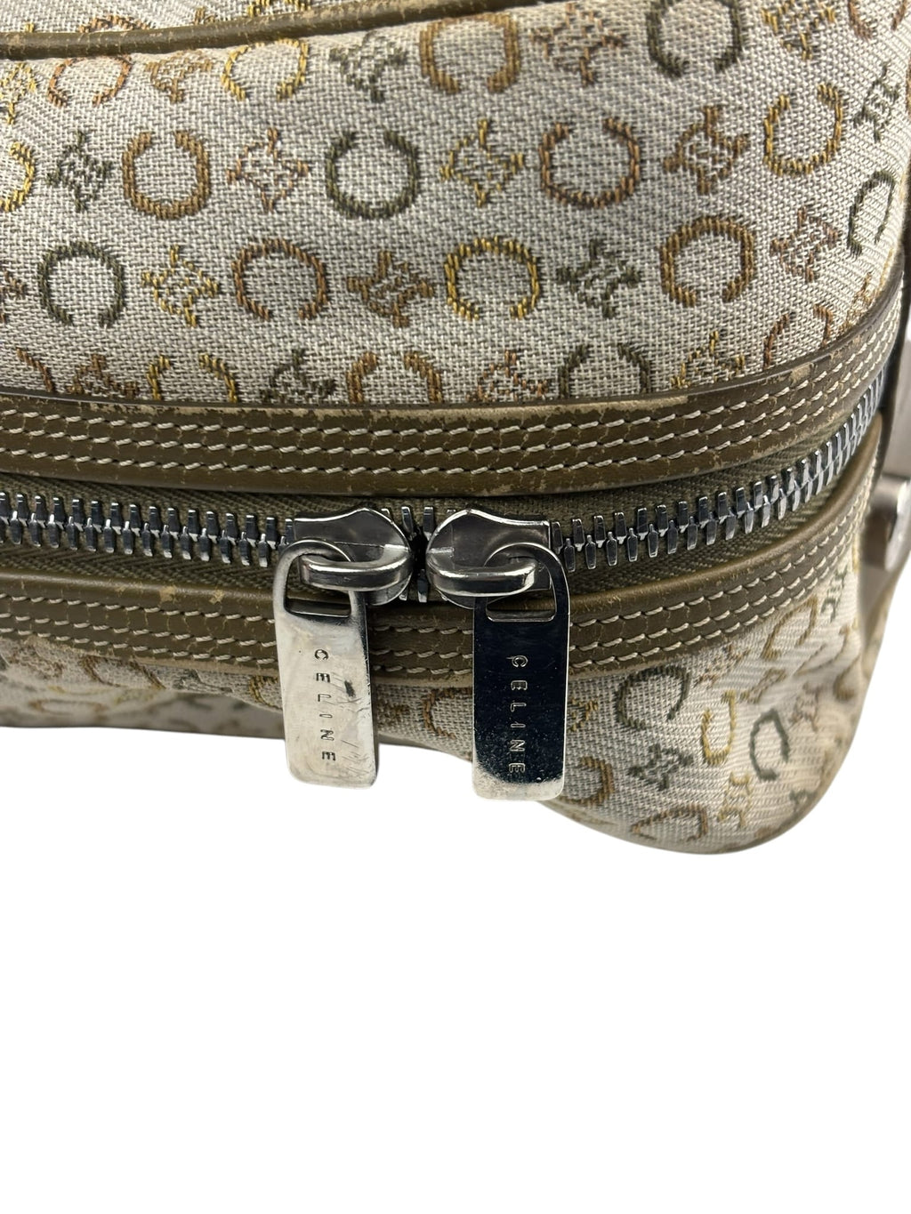 Celine Beige/Green Leather Trim Macadam Handbag