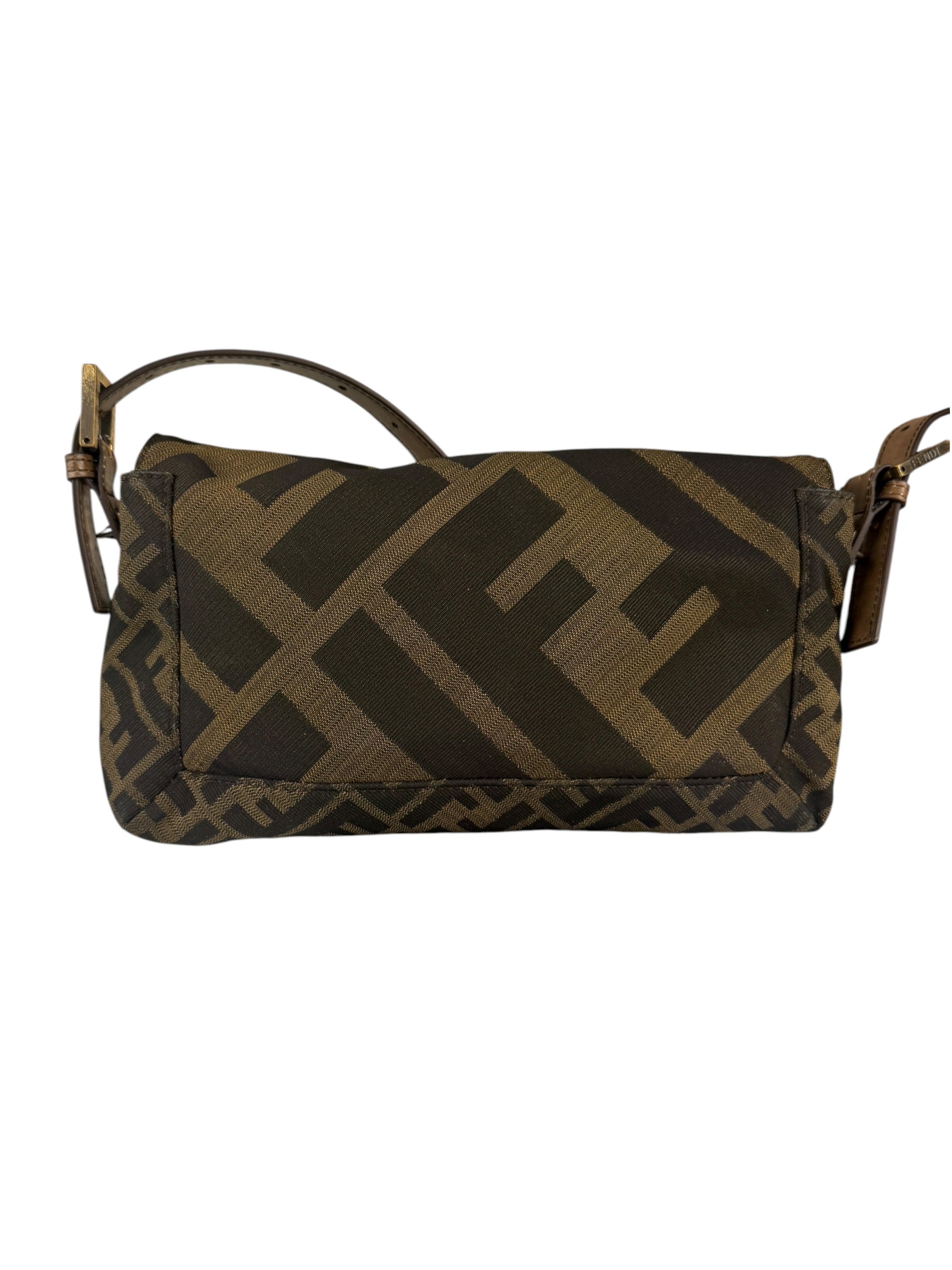 Fendi Vintage Brown Leather Trim Zucca Whipstitch XL Baguette