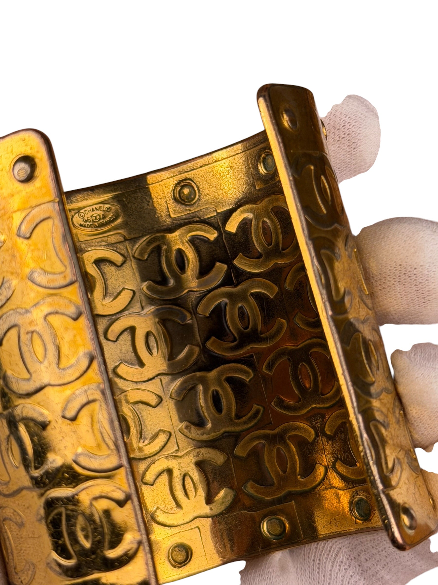 Chanel Vintage Gold CC Print Cuff Bracelet