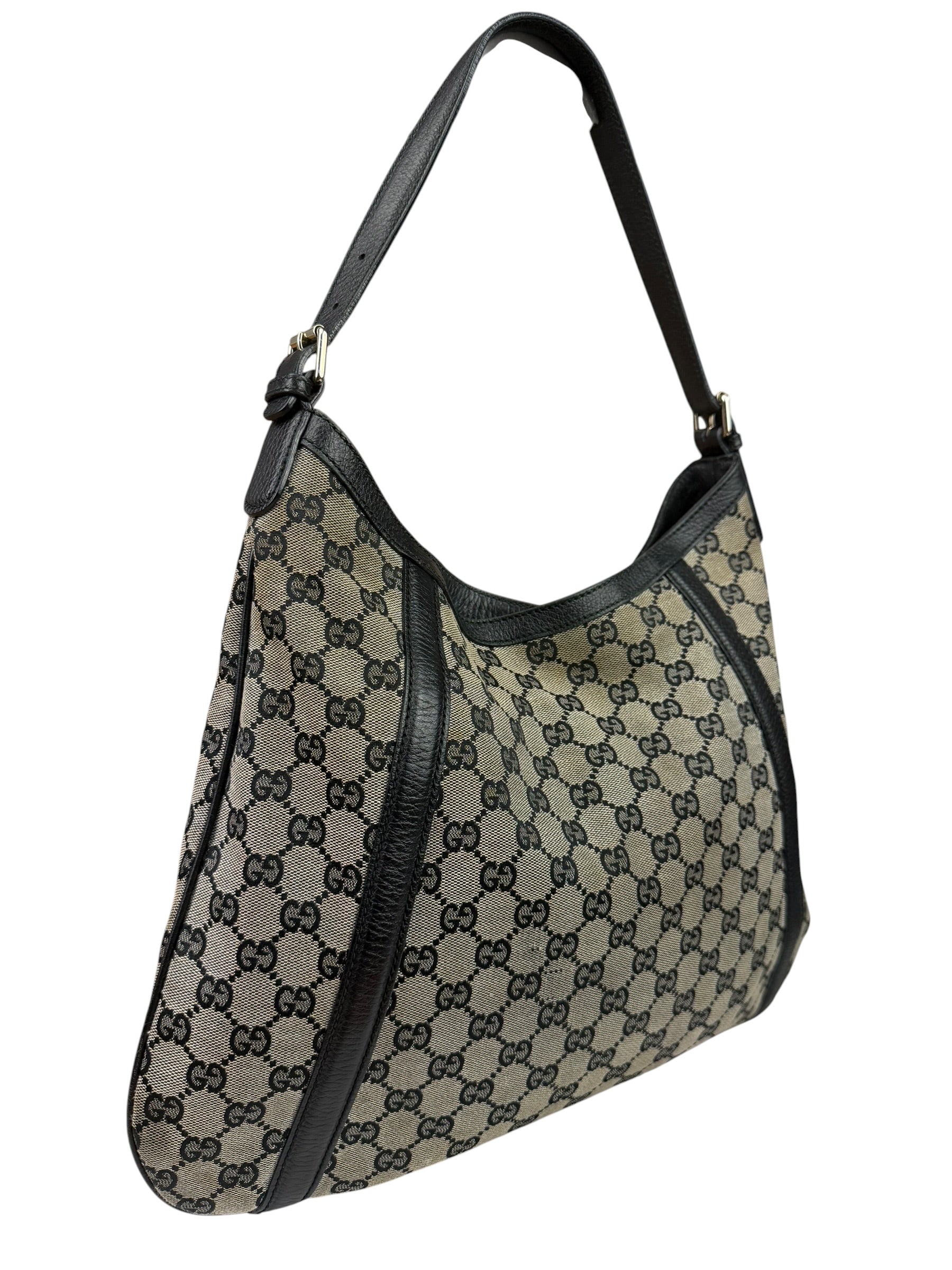 Gucci Black Leather Trim GG Supreme Hobo Bag