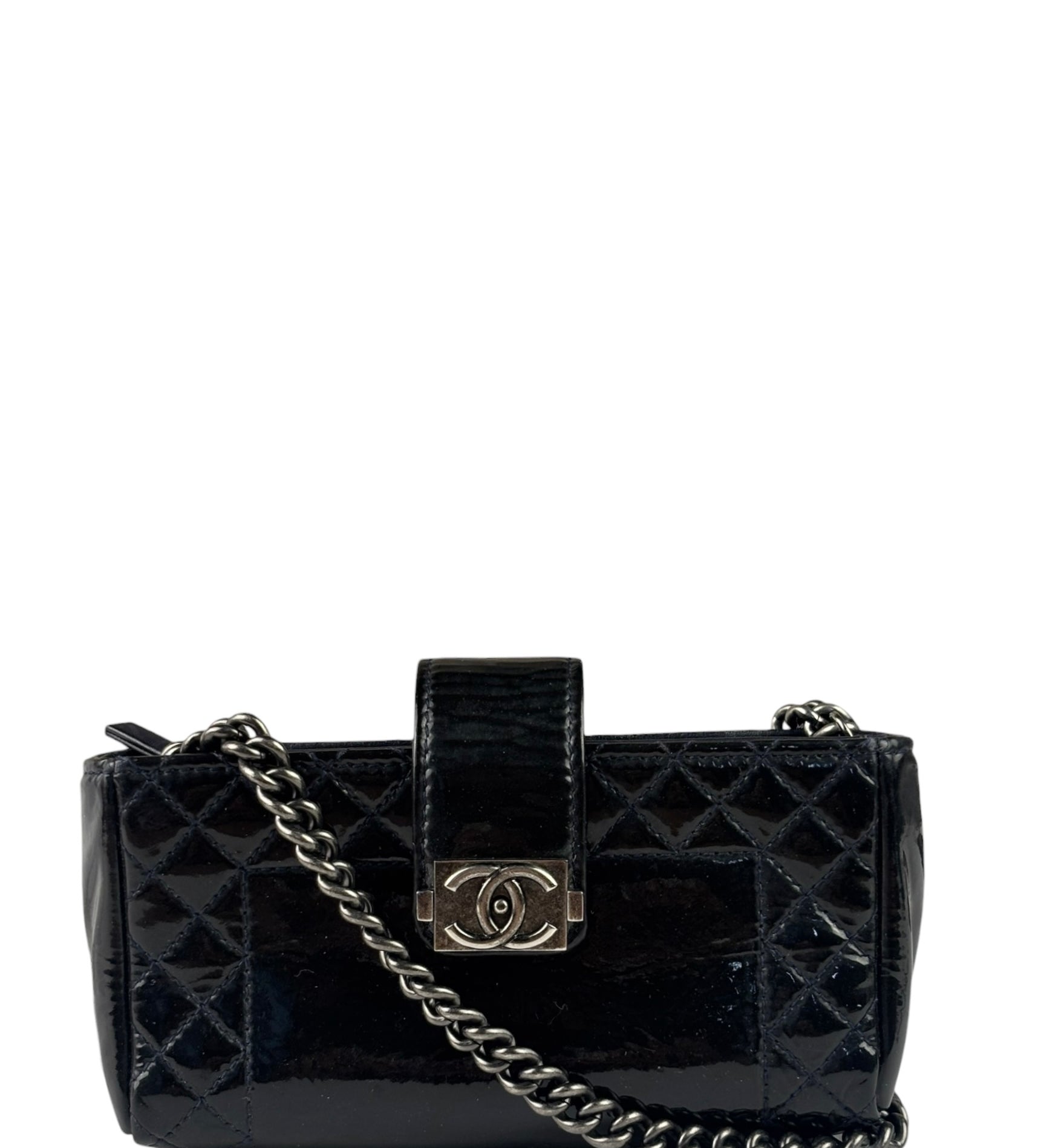 Chanel Navy Patent Leather Matelasse Chain Pouch 2013