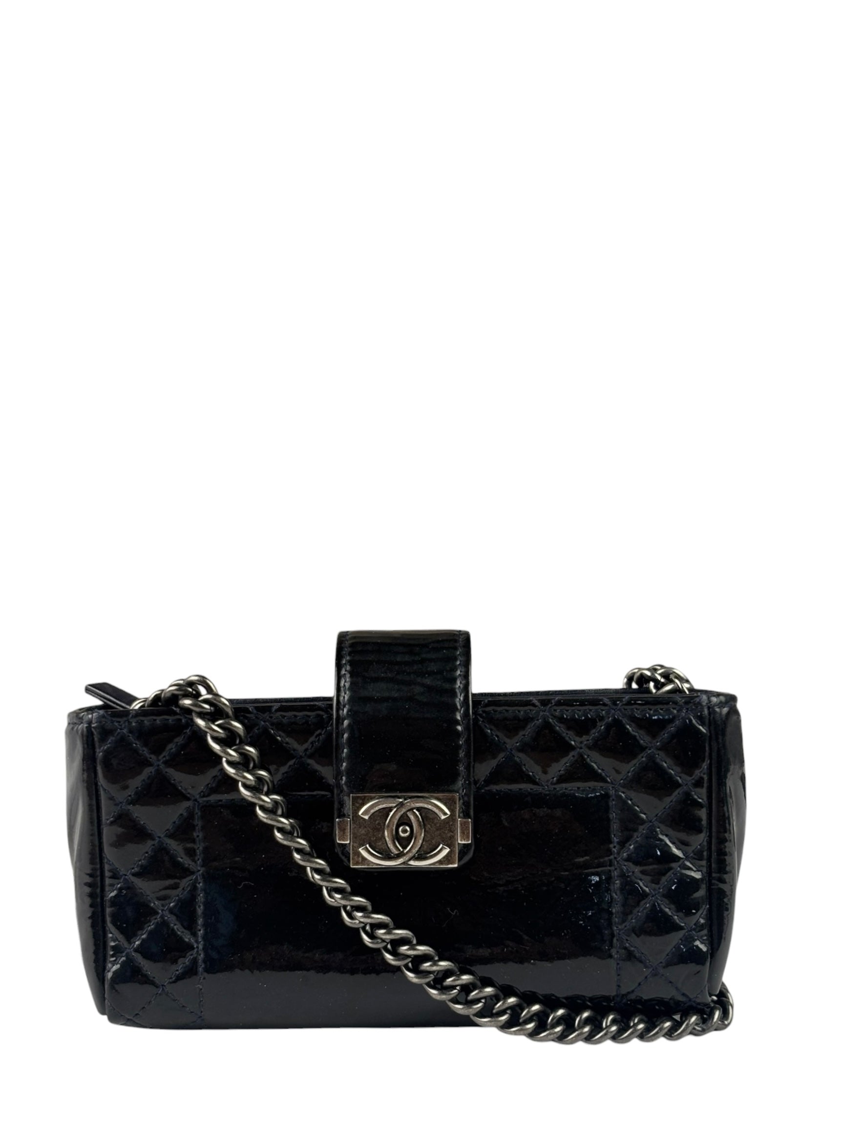 Chanel Navy Patent Leather Matelasse Chain Pouch 2013