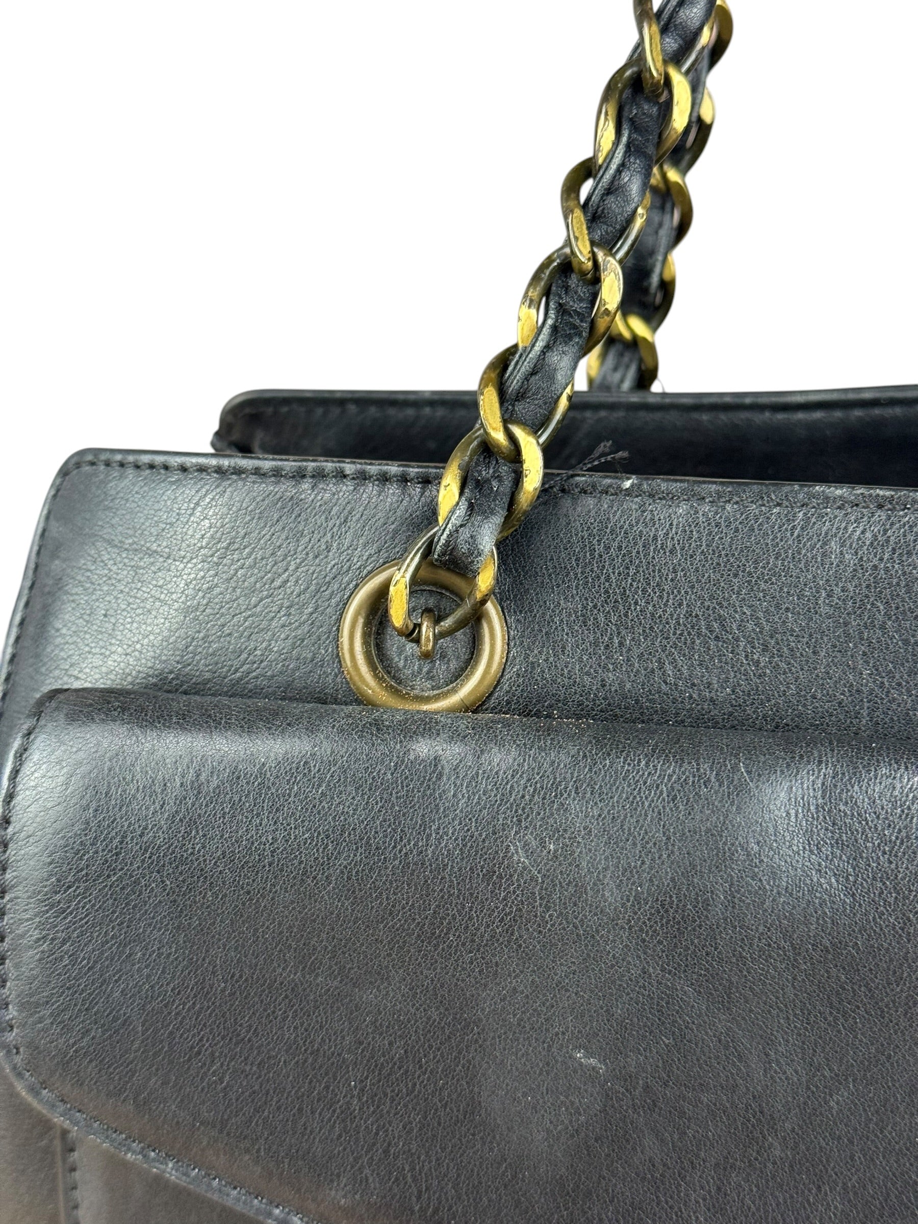 Chanel Black Leather Front Pocket Chain Tote 1998
