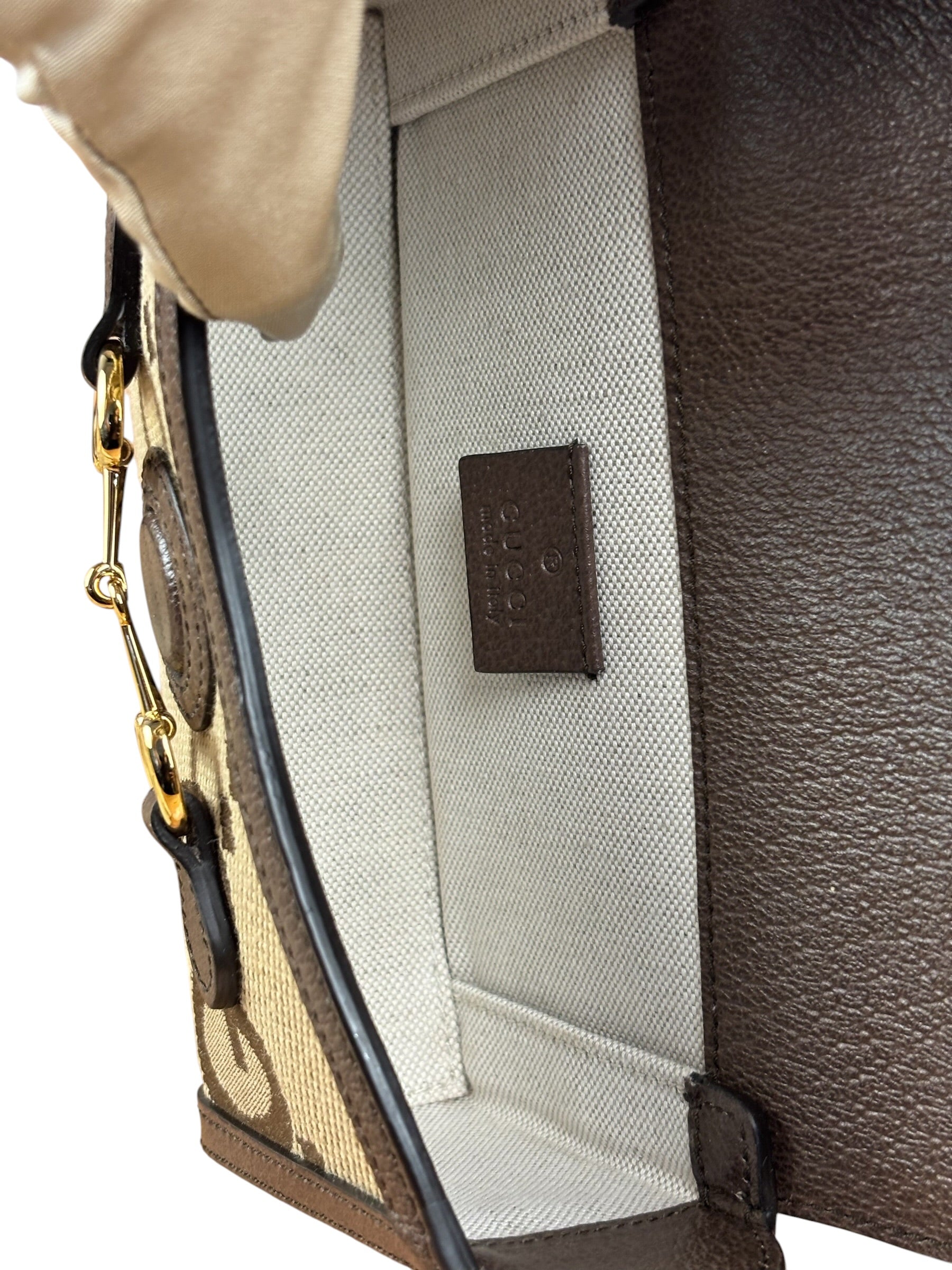 Gucci Brown Leather Trim Monogram Jumbo GG Mini Shoulder Bag