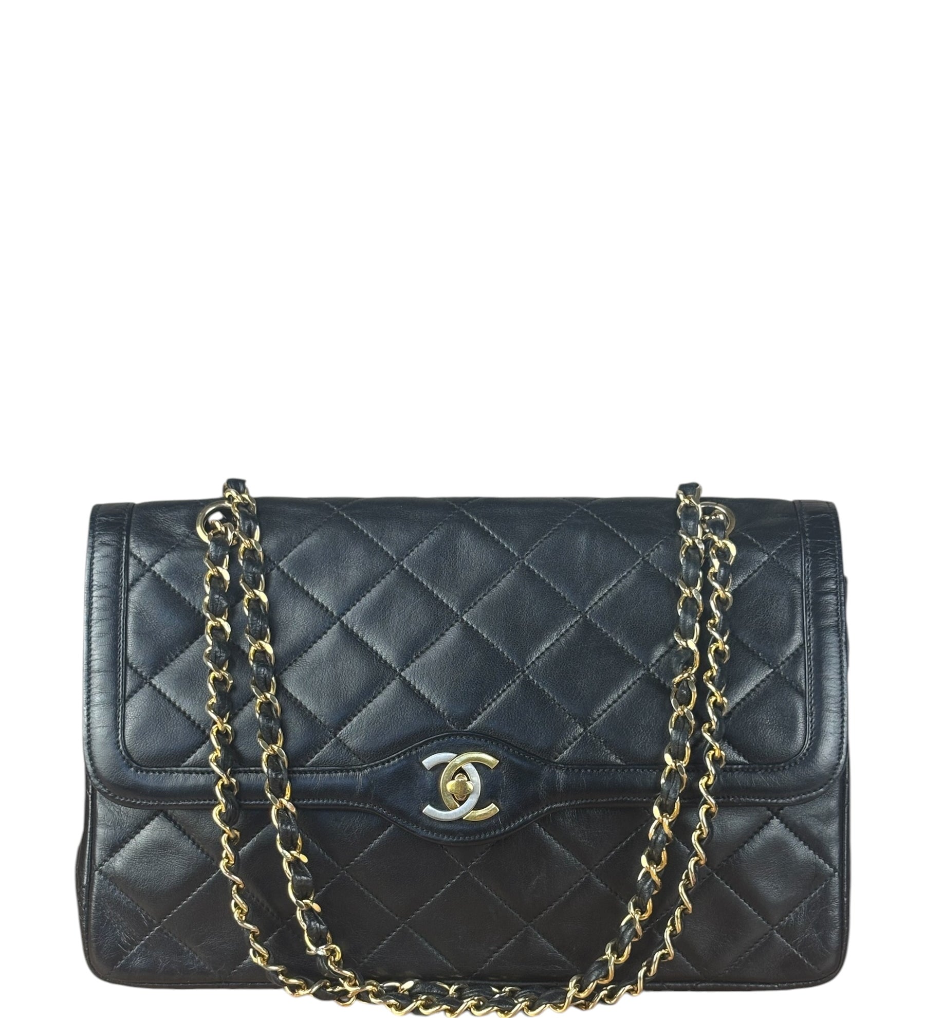 Chanel Black Quilted Two-Toned CC Double Flap Bag 90s