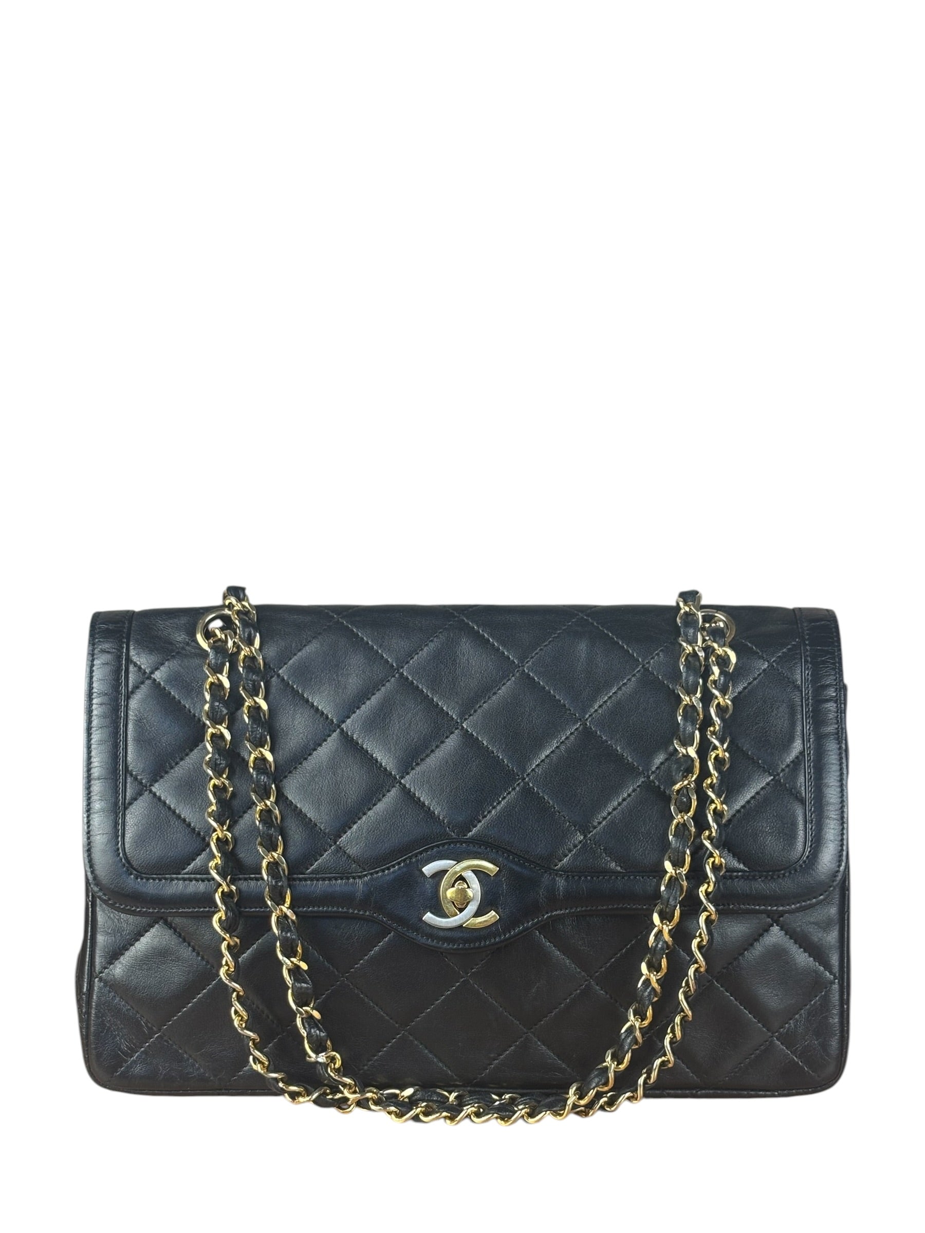 Chanel Black Quilted Two-Toned CC Double Flap Bag 90s