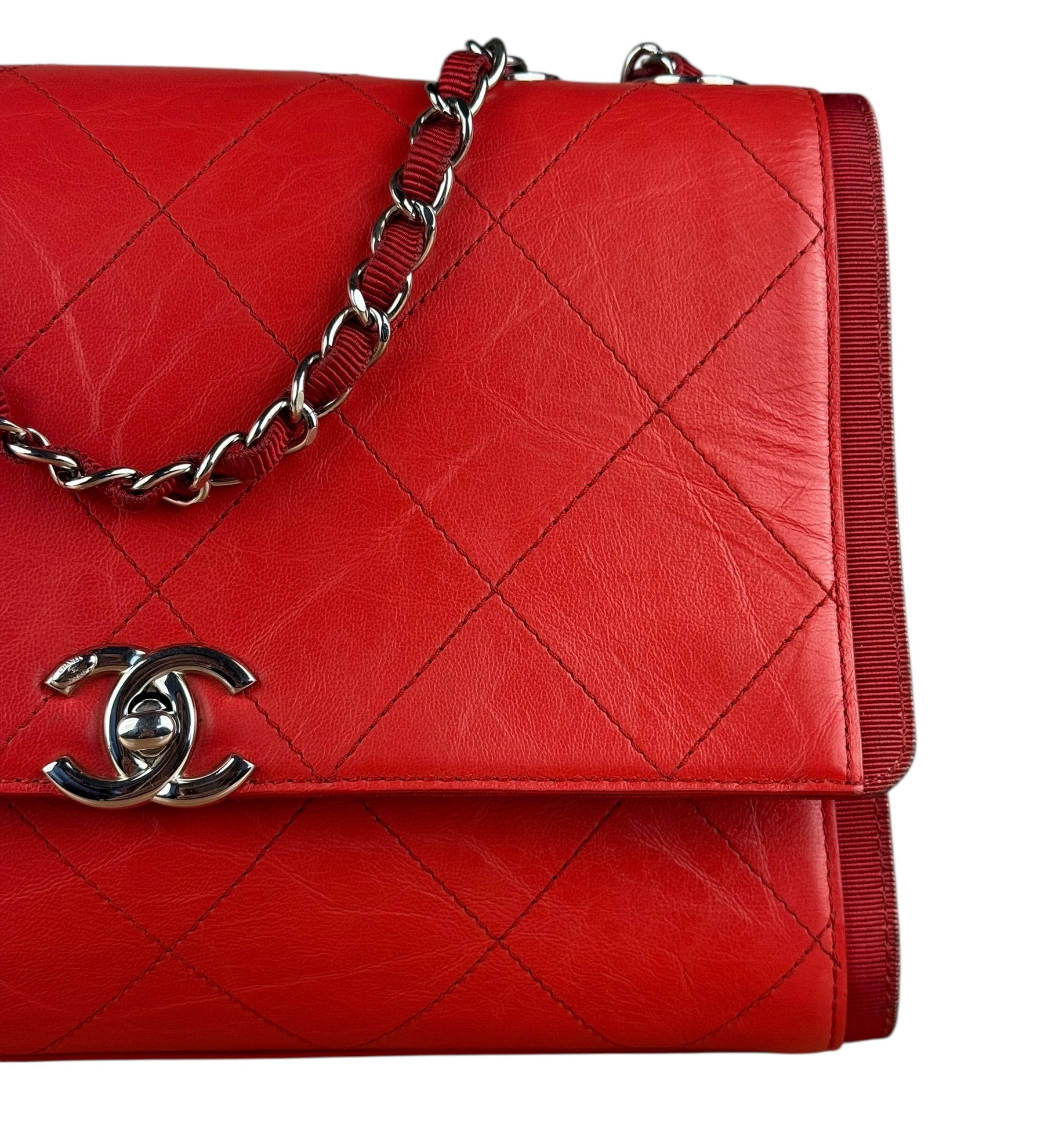 Chanel Red CC Quilted Crumpled Calfskin Flap Bag 2018