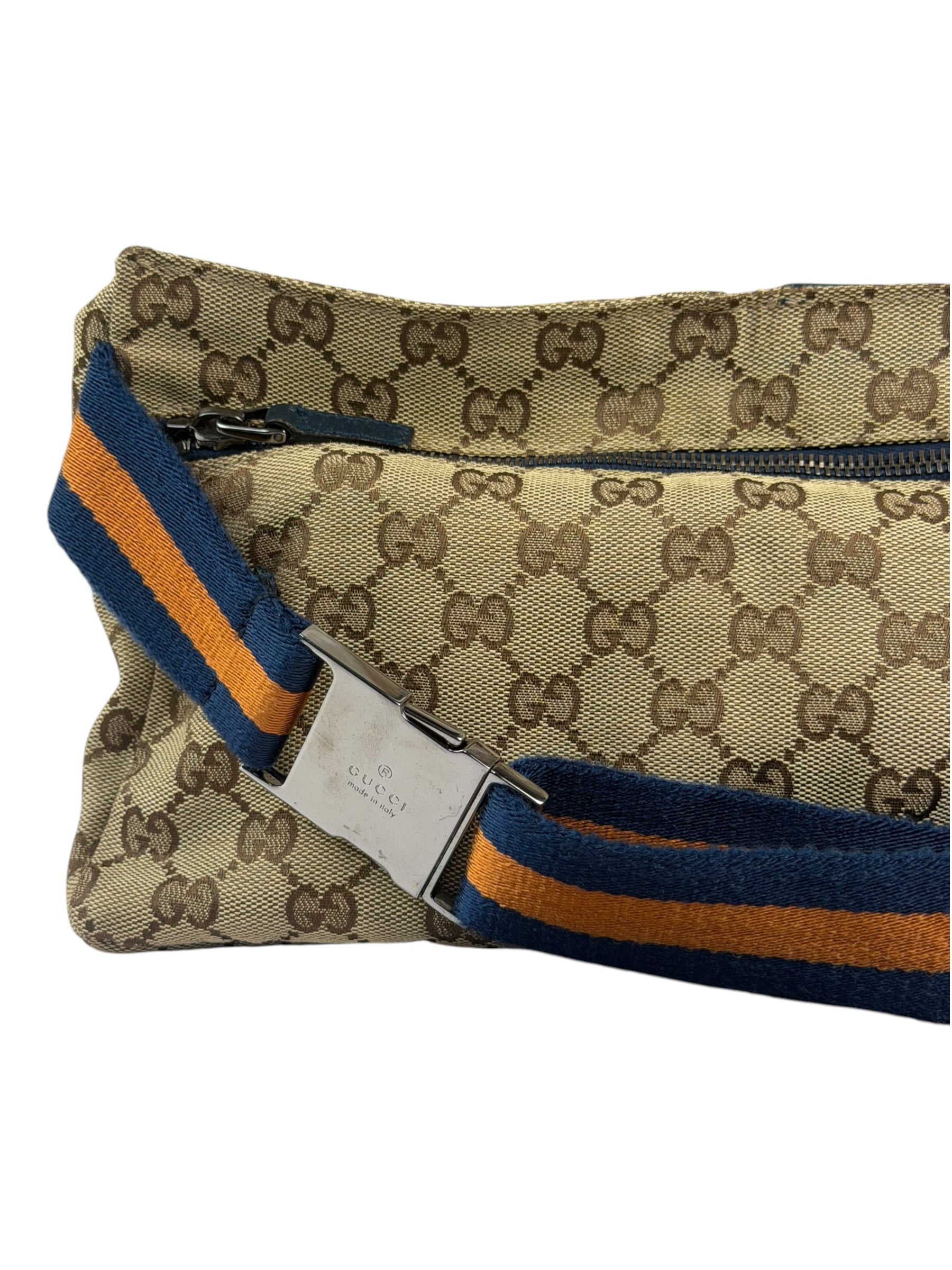 Gucci Beige/Navy Leather Trim GG Belt Bag