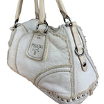 Prada Vintage White Studded Leather Shearling Bowler 2Way Bag