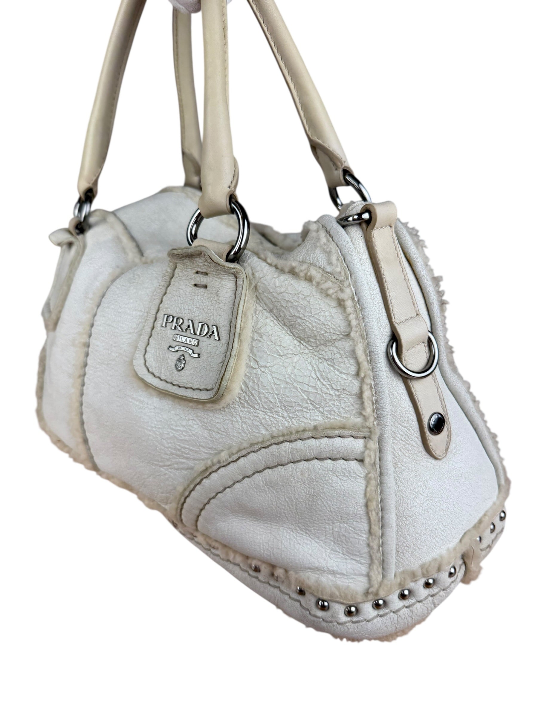 Prada Vintage White Studded Leather Shearling Bowler 2Way Bag